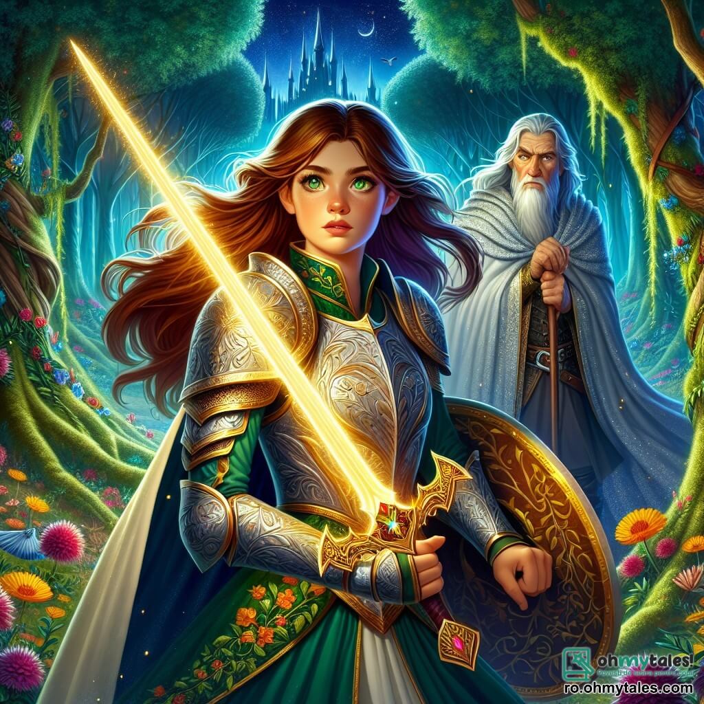 Elara, o tânără curajoasă de aproximativ 20 de ani, stă mândră în centrul imaginii. Ea poartă o armură strălucitoare, decorată cu motive florale, și mânuiește o sabie luminoasă care strălucește cu o nuanță aurie. Fața ei exprimă determinare și bravură, cu ochi verzi strălucitori și păr brun fluturând în vânt. Lângă ea, Aeron, un bătrân înțelept de aproximativ 70 de ani, îmbrăcat în robe argintii, observă scena cu un zâmbet binevoitor și misterios. El stă ușor retras, ținând un toiag gravat cu rune vechi, pregătit să o ghideze pe Elara în căutarea ei. Decorul este o pădure fermecată, cu copaci majestuoși și frunze verzi strălucitoare. Razele de lună filtrează prin frunziș, iluminând solul acoperit de flori colorate și mușchi moale. La distanță, o fortăreață întunecată se profilează, înconjurată de umbre amenințătoare. Situația principală o arată pe Elara pregătindu-se să înfrunte un grup de creaturi fantastice care ies din umbre, în timp ce Aeron o încurajează cu înțelepciune. Atmosfera este plină de tensiune, amestecând curajul cu misterul, în timp ce lumina sabiei Elarei luminează calea spre necunoscut.