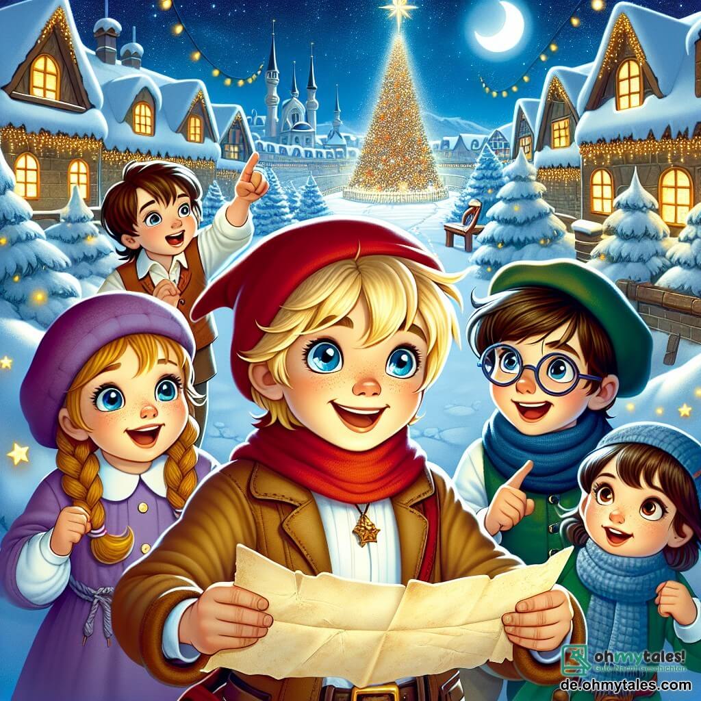 Im Vordergrund stehen vier Kinder zusammen, alle lächelnd und aufgeregt. Felix, ein achtjähriger Junge mit blonden Haaren und strahlend blauen Augen, hält ein altes Papier in seinen Händen. Rechts von ihm schaut Lisa, ein siebenjähriges Mädchen mit geflochtenen braunen Haaren und einer roten Mütze, neugierig auf das Papier. Links zeigt Tim, ein neunjähriger Junge mit Brille und braunen Haaren, auf den sternenübersäten Himmel, während Max, ein achtjähriger Junge mit schwarzen Haaren und einem breiten Lächeln, sich an seinem blauen Schal festhält. Im Hintergrund ist die Landschaft märchenhaft: ein verschneites Dorf mit schneebedeckten Dächern, funkelnden Lichtern in den Fenstern und einem großen, beleuchteten Weihnachtsbaum im Zentrum des Platzes. Der Himmel ist tiefblau, übersät mit leuchtenden Sternen und einem strahlenden Mond. Die Hauptsituation zeigt die Kinder, die sich auf ihr Abenteuer vorbereiten, entschlossen, die wertvolle Botschaft an den Weihnachtsmann zu überbringen, während sanfte Schneeflocken um sie herum fallen und der Szene einen magischen Weihnachtszauber verleihen.