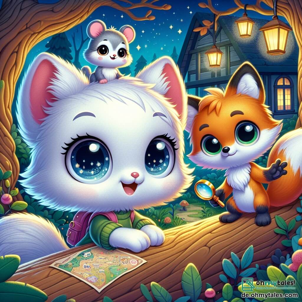 Luma, eine süße kleine Wolkenkatze mit flauschigem weißen Fell und großen, leuchtenden Augen, ist voller Neugier und Aufregung. Sie steht im Mittelpunkt der Szene, mit aufgerichteten Ohren und einem breiten Lächeln, bereit, das Geheimnis um sie herum zu entdecken. Neben ihr untersucht Felix, ein schlauer Fuchs mit leuchtend orangefarbenem Fell und einem buschigen Schwanz, eine Karte, die er in seinen Pfoten hält, leicht nach vorne gebeugt, als suche er nach Hinweisen. Momo, eine kleine graue Maus mit funkelnden Augen, sitzt auf Lumas Schulter und schaut umher, voller Staunen und Begeisterung. Sie hält eine Lupe in ihren kleinen Pfoten, bereit, ihren Freunden bei der Untersuchung zu helfen. Die Szenerie ist ein verzauberter Wald, durchflutet von sanftem Dämmerlicht, mit knorrigen Bäumen und bunten Blättern, die im Wind tanzen. Leuchtende Blumen und bunte Pilze bedecken den Boden, während im Hintergrund ein altes Schulgebäude geheimnisvoll und leicht schattig steht. Die Hauptsituation zeigt Luma und ihre Freunde, die eifrig nach Hinweisen suchen, um das Geheimnis des geheimnisvollen Lachens zu lösen, das sie gehört haben. Sie sind alle aufmerksam und erkunden neugierig die Umgebung, bereit, das Geheimnis im Wald zu entdecken.