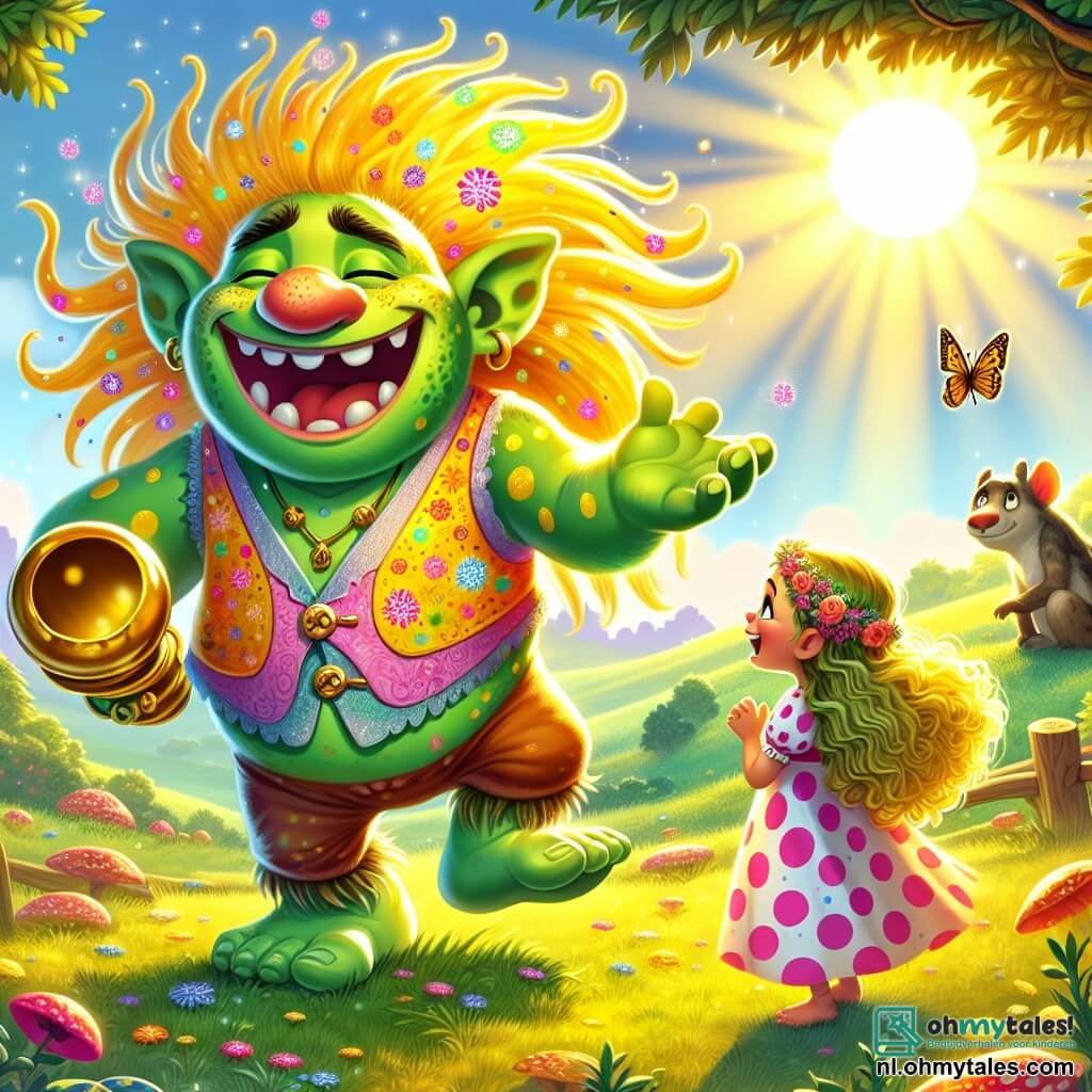 In een groen veld, verlicht door het gouden zonlicht, staat een blije troll genaamd Grollek in het midden, met een grote glimlach en dansende oren. Zijn huid is helder groen met gele vlekken en hij draagt een kleurrijk vest met bloemen. Grollek lacht hartelijk terwijl hij een prachtige gouden bel in zijn hand houdt, klaar om zijn vreugde met de wereld te delen. Naast hem staat een meisje van ongeveer 8 jaar, met krullend, goudkleurig haar, genaamd Lila. Ze draagt een roze jurk met witte stippen en kijkt Grollek bewonderend aan, lachend om zijn grappen. Iets verderop zit een kleurrijke draak, Flambo, ter grootte van een kleine hond, op het gras met zijn vleugels gevouwen en een brede glimlach, klaar om zijn eigen grap te vertellen. De omgeving is een uitgestrekt veld vol kleurrijke bloemen, met fladderende vlinders en knoestige bomen op de achtergrond, hun bladeren glinsterend in de zon. De hoofdscène toont Grollek, Lila en Flambo samen, lachend, omringd door andere grappige wezens die klaar zijn voor een grappenwedstrijd, wat een sfeer van vreugde en kameraadschap creëert.