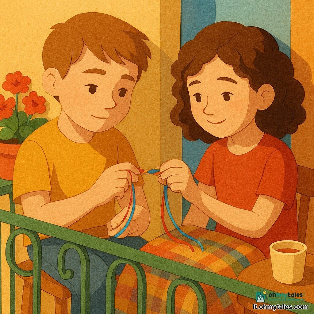 Un ragazzo di circa 10 anni, volto rotondo, capelli castano chiaro a ciocche, espressione dolce e concentrata, e una ragazza di circa 9 anni, capelli castani e ricci, sorriso timido ma radioso, seduti su un piccolo balcone mentre intrecciano un braccialetto dell'amicizia con fili colorati: lui tiene i fili e lei l'altra estremità, entrambi guardano il braccialetto con affetto; balcone accogliente con ringhiera di ferro verde, gerani rossi in vaso, una coperta a quadri sulle ginocchia e una piccola tazza di succo su un tavolo di legno; luce calda di fine pomeriggio, ombre lunghe, palette dorata e toni caldi con tocchi di verde e azzurro; composizione in primo piano con leggera prospettiva dall'alto, texture di carta strappata visibili e sovrapposizioni di carta ritagliata per capelli, vestiti e piante; atmosfera intima e gioiosa, gesti calmi, braccialetto multicolore con nodi ben visibili.