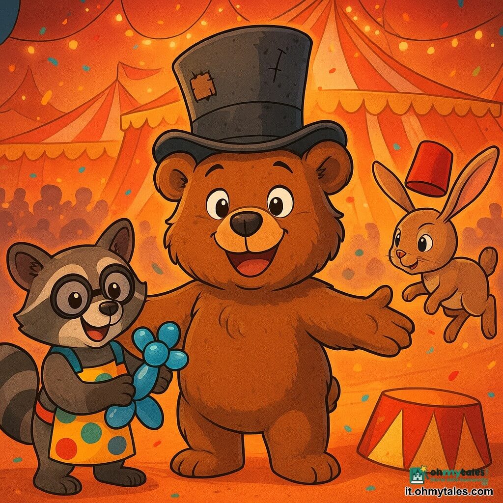 Un orsetto di peluche di nome Orso Birba, con un grande cappello a cilindro usurato e un sorriso gioioso, si trova al centro della scena, con le braccia aperte in una posa accogliente. I suoi occhi brillano di eccitazione e il suo pelo marrone è morbido e soffice, riflettendo la luce dei riflettori. Alla sua destra, una lepre agile, con lunghe orecchie e un fez rosso in testa, salta con aria determinata, pronta a eseguire un salto acrobatico. A sinistra, un procione di nome Pippo, con occhiali rotondi e un grembiule colorato, modella un pallone a forma di orso, sorridendo con orgoglio. Lo sfondo è un circo vibrante, con tende a strisce rosse e bianche, luci scintillanti e spettatori meravigliati che applaudono e ridono. La scena principale mostra Orso Birba, circondato dai suoi amici, mentre prepara uno spettacolo magico con palloni colorati e risate, mentre coriandoli fluttuano nell'aria, creando un'atmosfera festosa e gioiosa.