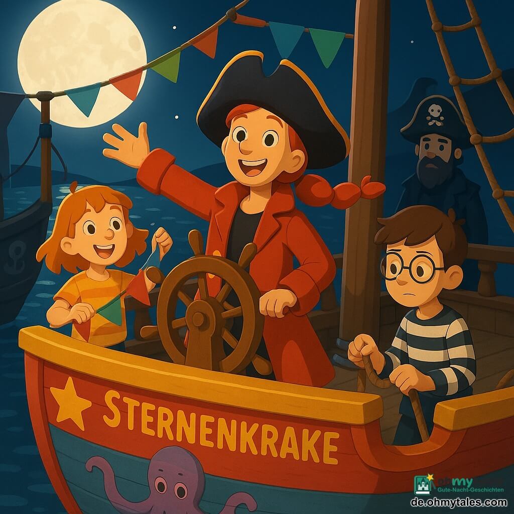 Die Protagonistin ist Käpt’n Frida, eine stolze, fröhliche Frau mit lächelndem Gesicht, glänzenden Augen, rotem Mantel und langer roter Zöpfen im Wind, sie steht an der Bugspitze eines bunten Piratenschiffs namens Sternenkrake, eine Hand am Steuerrad, die andere zum Gruß erhoben; Mia, etwa 10 Jahre, lebhaft mit sonnenfleckigem Haar und Sommersprossen, hält bunte Wimpel am hinteren linken Deck; Timo, etwa 12 Jahre, ernst mit kastanienbraunen Haaren und runden Brillen, überprüft ein Tau am Mast rechts von Frida; Käpt’n Knurrbart, circa 45, bärtig mit großer Hakennhand, steht überrascht aber gelassen auf dem schwarzen Nachbarschiff; das Deck zeigt lackierte Holzplanken, Stern- und Tintenfischmotive, geknotete Taue und eine sichtbare Luke unter dem Steuerrad; nächtliche, silberne Mondbeleuchtung spiegelt sich wie flüssiges Metall auf dem Wasser, warme Lichttöne und weiche Schatten, Stimmung: wiedergefundene Freundschaft nach dem Abenteuer.