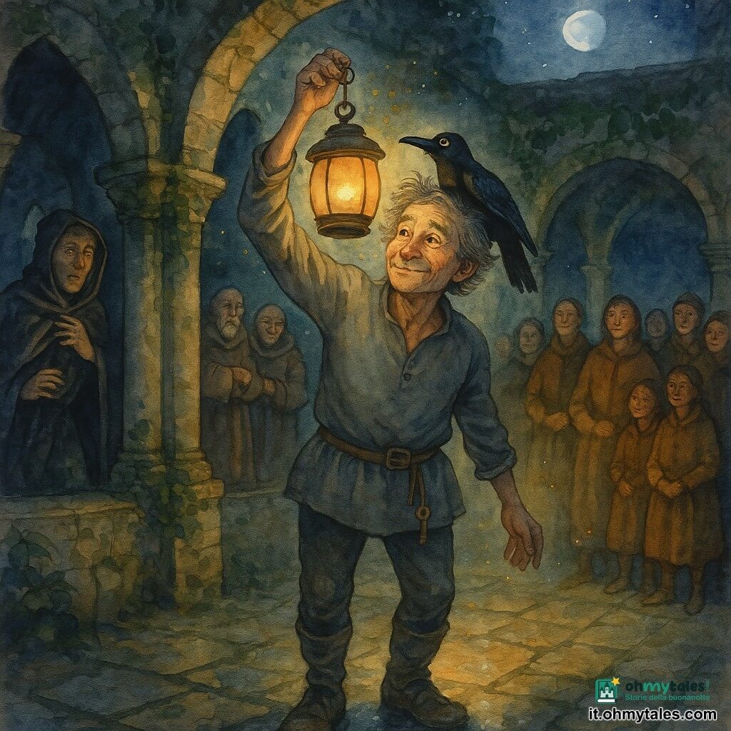 Al centro Ardelio, volto rugoso ma dolce, sorride leggermente e tende le mani per appendere una lanterna rotonda di metallo consumato; indossa una semplice veste grigia, cintura di cuoio e una piccola chiave alla cinta. Una cornacchia nera è sulla sua spalla destra, testa inclinata osservatrice. Un uomo incappucciato di circa quaranta anni si ritrae nell'ombra vicino a un'arcata a sinistra, sorpreso e contrariato; più lontano due monaci anziani dai vestiti rattoppati stanno con le mani incrociate, volti tra timore e meraviglia. Alcuni paesani in mantelli marroni formano un piccolo cerchio attorno al bordo del chiostro e guardano la lanterna. Il chiostro è medievale in pietra grigia con colonne usurate, arcate coperte di edera scura e pavimento in lastre irregolari che riflettono la luce. La lanterna emette un bagliore dorato caldo, creando riflessi sui volti e ombre morbide; la scena è notturna sotto una luna pallida con qualche stella e leggere macchie ad acquerello attorno alla lanterna a suggerire la magia ritrovata.