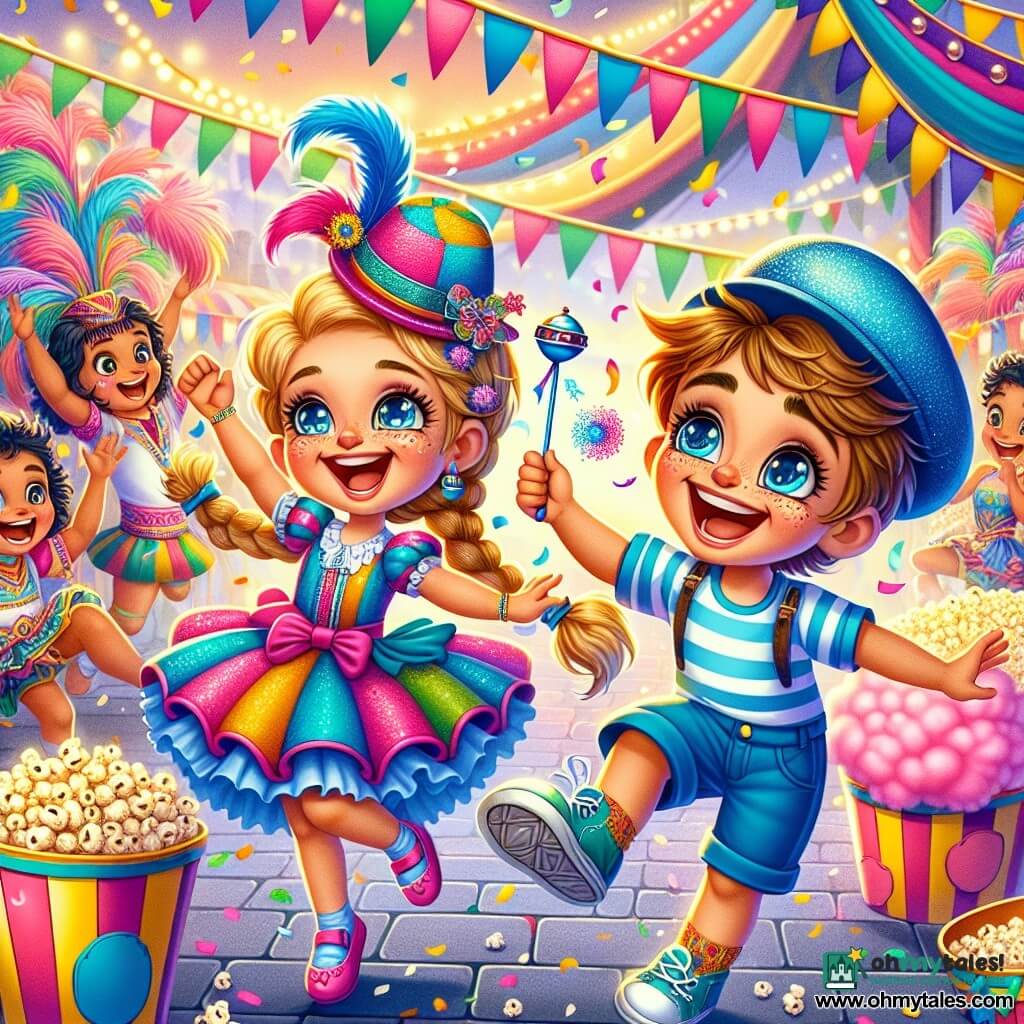 An 8-year-old boy, Max, with sparkling eyes and tousled hair, wears a blue cap and shorts. He jumps for joy, a big smile lighting up his face, with a bell attached to his shoe jingling happily. Next to him is his best friend Lily, a 7-year-old girl with braided blonde hair and a brightly colored dress, waving a sparkling wand while dancing, her face radiating excitement. The scene takes place in a lively square, adorned with colorful banners fluttering in the wind, surrounded by food stalls with mountains of popcorn and pink cotton candy. Groups of dancers in flamboyant costumes twirl around, creating a festive and joyful atmosphere. Max and Lily, in the midst of the celebration, are searching for the mysterious Carnival King, laughing and having fun as colorful confetti falls like snowflakes.
