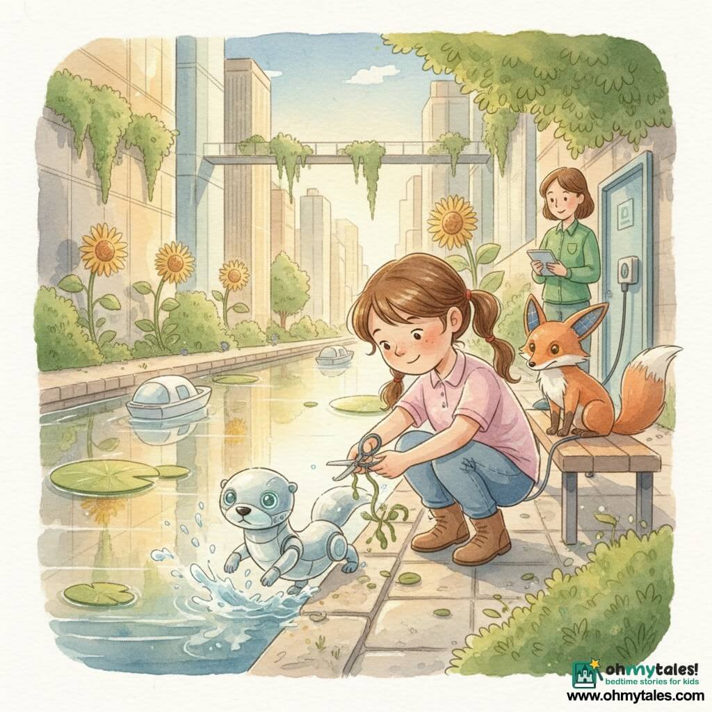 A 6-year-old girl, Mila, round-faced with freckles and brown pigtails, crouches at the edge of a calm urban canal at dusk, gently cutting a strand of algae with safety scissors to free a small silver otter-bot with smooth plated body and glowing round eyes, droplets sparkling like glitter; nearby a copper fox drone with panel-ears and antenna-tail sits on a bench charging from a solar plug, amber eyes lit, while a park ranger in green (30–40) stands by a service door with a tablet, smiling gratefully; the scene shows glass towers, hanging gardens, slender walkways, giant water lilies and solar sunflower-like mechanical flowers, small white boats gliding silently, all bathed in warm golden light with soft, watercolor textures.
