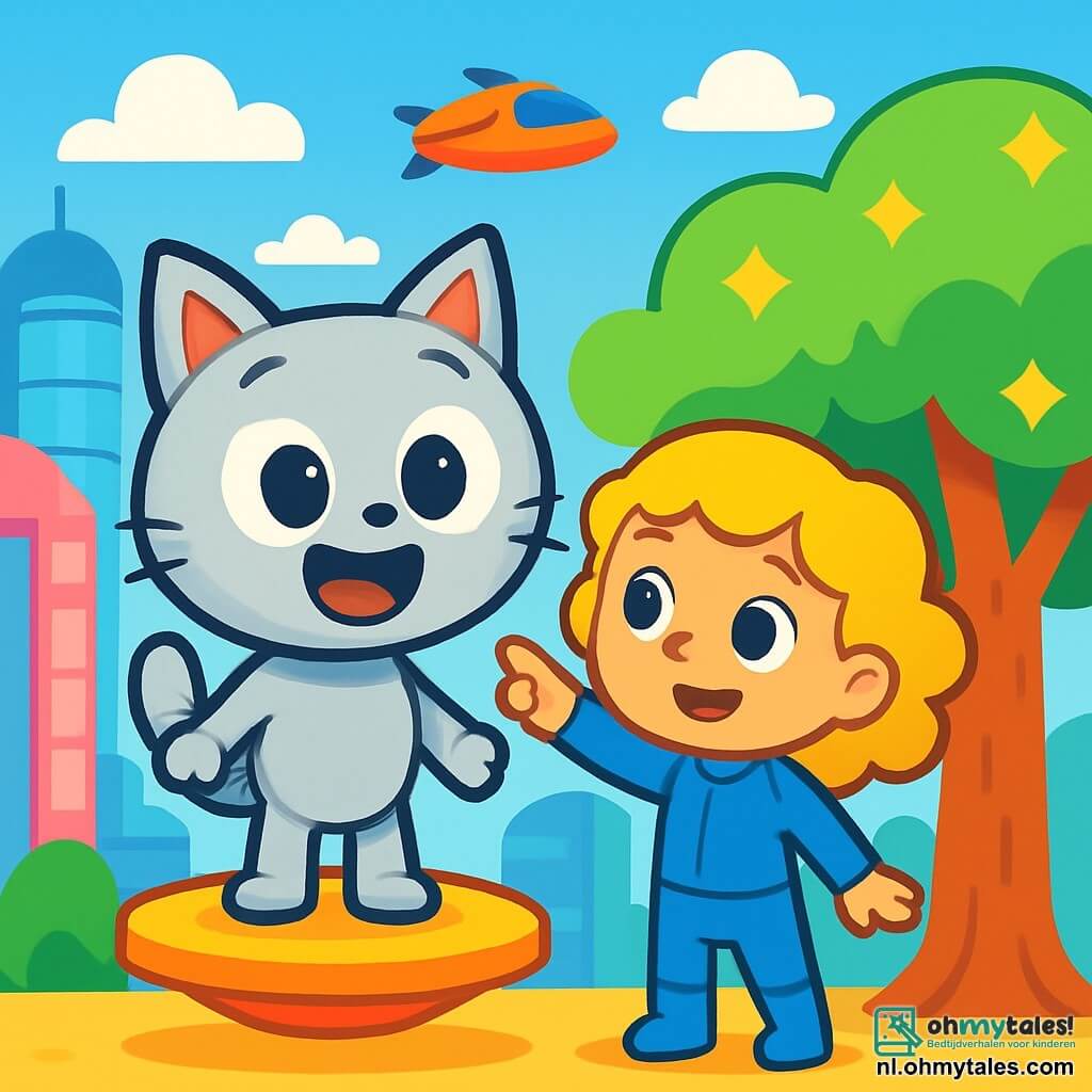 Milo, een kleine robotkat met glanzend zilverachtig haar, staat op een drijvende platform, zijn grote ronde ogen sprankelend van opwinding. Hij glimlacht breed, zijn driehoekige oren vrolijk omhoog. Naast hem staat zijn beste vriendin, Lila, een klein meisje met krullend goudkleurig haar, gekleed in een futuristisch blauwe outfit. Ze kijkt verwonderd en wijst naar een pratende boom met fonkelende bladeren, die zich net achter hen bevindt. De achtergrond is een futuristische stad, met kleurrijke glazen gebouwen die naar de lucht reiken, vliegende auto's die erboven voorbijgaan en zachte wolken die in een azuurblauwe lucht zweven. Milo en Lila zijn aan het beslissen waar ze naartoe willen voor hun avontuur, omringd door heldere lichten en vrolijke geluiden, enthousiast om de wonderen van hun stad te ontdekken.