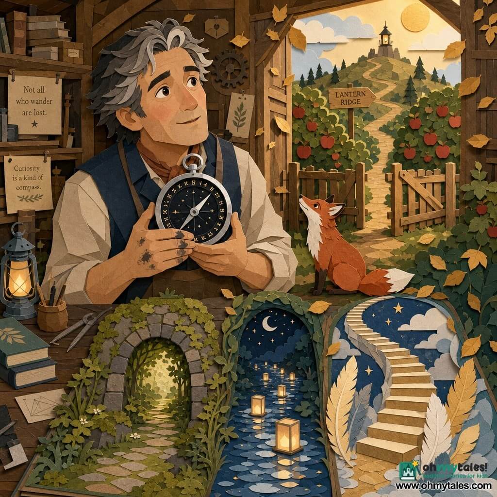 A middle-aged man with ink-stained fingers, a gentle face and salt-and-pepper hair holds an antique silver compass to his chest, awestruck and serene; the compass has a glossy black dial, a thin silver needle and tiny twinkling letters around the rim. A small red fox sits by the orchard gate, nose raised and ears alert. The scene is a wooden workshop opening onto an apple orchard with a back door to Lantern Ridge, golden leaves falling and a sunbeam warming the space. Before the man three magical paths appear: a moss-covered stone arch, a glittering water trail dotted with floating lamps, and a staircase of luminous feathers rising into the sky. Illustrated in paper-cut style with layered papers, crisp shadows, warm colors (gold, apple green, wood brown, night blue) and bold graphic details.