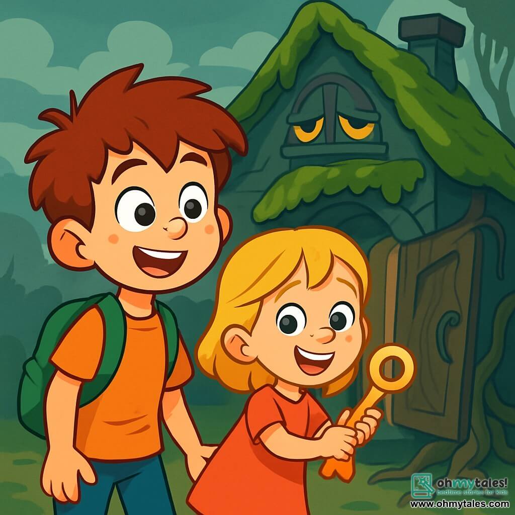 An 8-year-old boy, Oliver, with tousled hair and bright eyes, stands in front of an old, mysterious house. His face shows a mix of excitement and curiosity, with slightly furrowed brows and an awestruck smile. Next to him, a 7-year-old girl with blonde hair and sparkling eyes joyfully smiles while holding a golden key. She stands slightly ahead, as if guiding Oliver into the adventure. The scene is set before an ancient house covered in green moss, with windows resembling sleepy eyes and a twisted wooden door that seems ready to open. Willow roots snake around the house, and the cloudy sky adds to the mysterious atmosphere. Oliver gazes at the ajar door, his heart racing, ready to enter a world filled with secrets and magic.