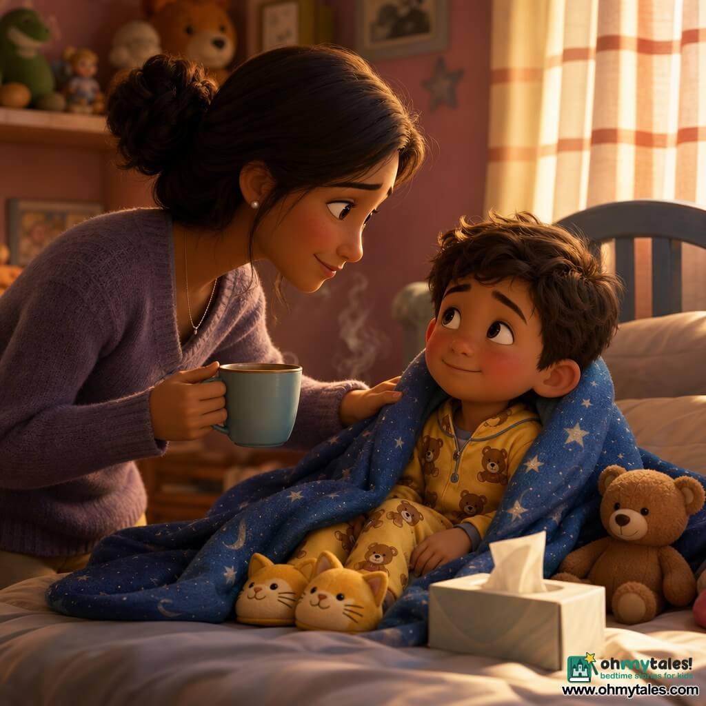 A tender 3D-rendered scene: a smiling 4-year-old boy, slightly flushed with bright eyes and a handkerchief nearby, wrapped in a large blue starry "magic" blanket and fidgeting on his bed in yellow bear pajamas and cat slippers; his gentle ~30-year-old mother with tied-back hair leans from the bed holding a steaming cup of herbal tea and rests a reassuring hand on his blanket, in a warm nursery with pastel walls, soft light through striped curtains, a shelf of plush toys and a small teddy beside him, warm contrasting colors, soft textures and crisp childlike details.