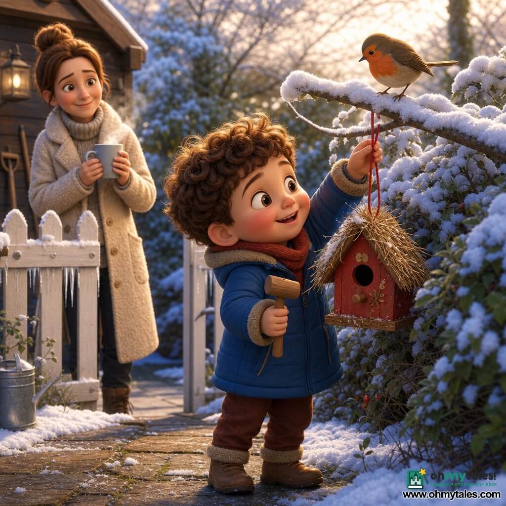 A small, round 4-year-old boy with curly brown hair and rosy cheeks, joyful and focused, holds a mini wooden mallet and hangs a red birdhouse with a red string on the lower part of a snow-dusted bush; nearby a bright robin with reddish-brown feathers and an orange breast perches on a low branch, head tilted curiously; the mother, about 30, chestnut hair in a bun, soft smile and cream wool coat, stands by the garden fence in the background holding a steaming cup of hot chocolate; the intimate snowy garden has a white wooden fence with thin icicles, snow-covered shrubs, a lightly dusted stone path and a wooden shed with visible tools; the scene centers on the child attaching a straw-decorated wooden birdhouse with a small shiny button under soft late-afternoon light with bluish reflections on the snow and a faint sparkle around the birdhouse.