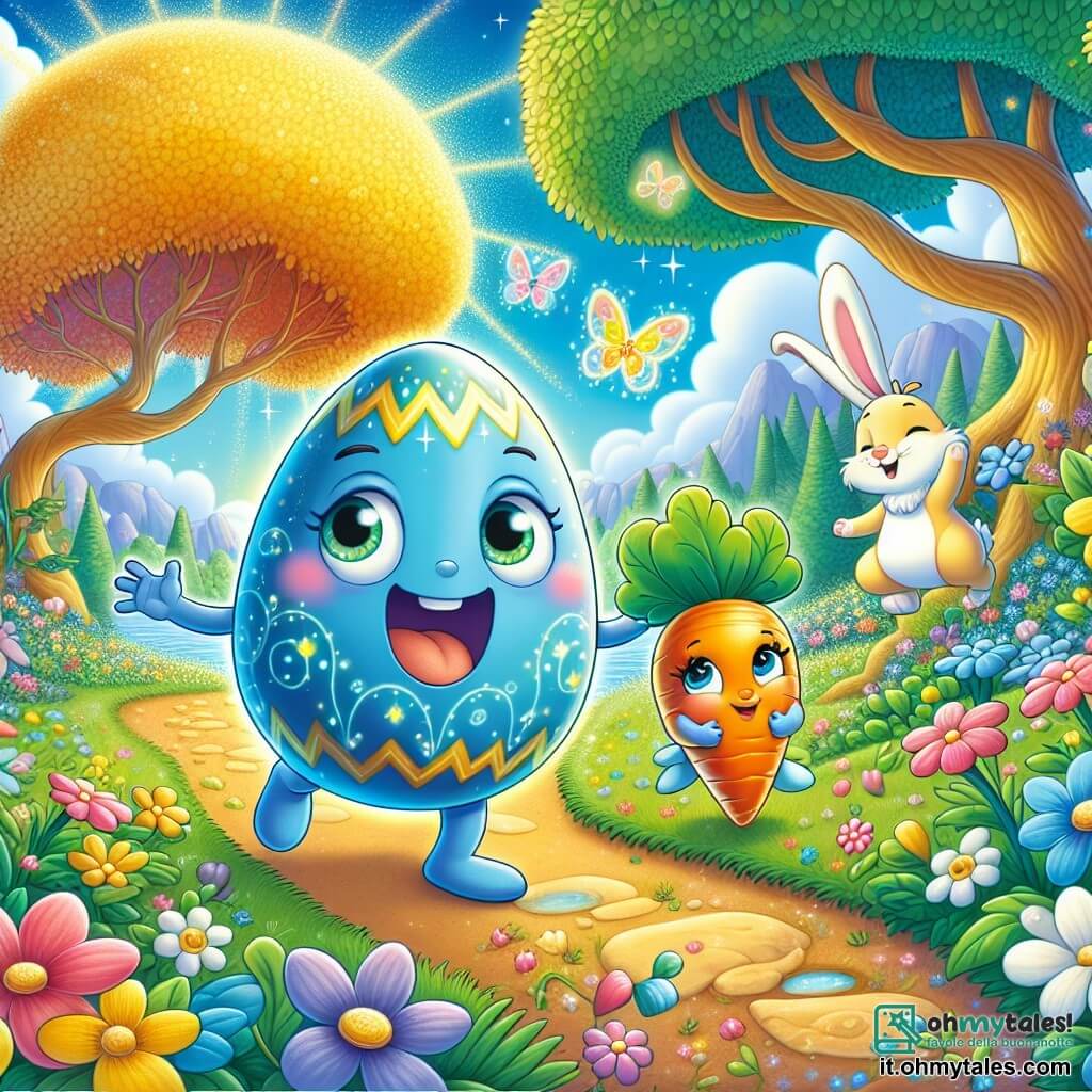 Ugo, un piccolo uovo di Pasqua magico, è al centro dell'immagine, con un guscio colorato di blu e giallo che brilla sotto il sole. Ha occhi scintillanti di gioia e un grande sorriso, saltellando con entusiasmo su un sentiero fiorito. Accanto a lui, Lalla, una carota ballerina con grandi foglie verdi, danza con grazia, i suoi occhi brillano di eccitazione, mentre Bobo, un piccolo coniglio con grandi orecchie bianche, salta gioiosamente, il suo viso irradia curiosità. Lo sfondo è un giardino incantato, pieno di fiori multicolori che danzano al ritmo del vento, con alberi dai tronchi dorati e farfalle dalle ali scintillanti che volano intorno a loro. In lontananza, un grande albero con foglie d'oro si erge maestosamente, mentre un cielo azzurro chiaro è punteggiato di nuvole soffici. La scena principale mostra Ugo, Lalla e Bobo mentre seguono un sentiero fiorito, meravigliati dalla bellezza del loro ambiente, mentre si dirigono verso un albero magico dove si nasconde il tesoro di Pasqua, impazienti di scoprire le sorprese che li attendono.