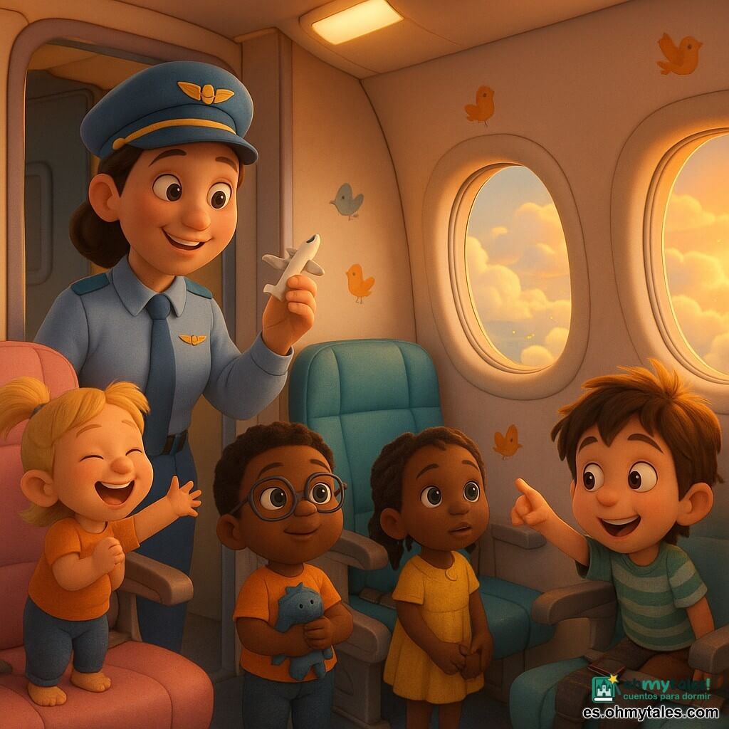 Una piloto sonriente de rostro redondo y uniforme azul claro, de pie junto a una puerta abierta en la cabina, mirando con cariño a un grupo de niños: un niño de 6 años de pelo castaño señalando un gran banco de nubes desde la ventana, una niña de 5 con coletas intentando alcanzar una nube imaginaria, un niño de 4 de piel morena con gafas abrazando un peluche y una niña de 7 con trenzas tomada de la mano de una adulta; el interior del avión es colorido y seguro con asientos pastel y ventanillas panorámicas; afuera, cielo luminoso con nubes esponjosas y rayos dorados, creando una escena suave, mágica y tranquilizadora.