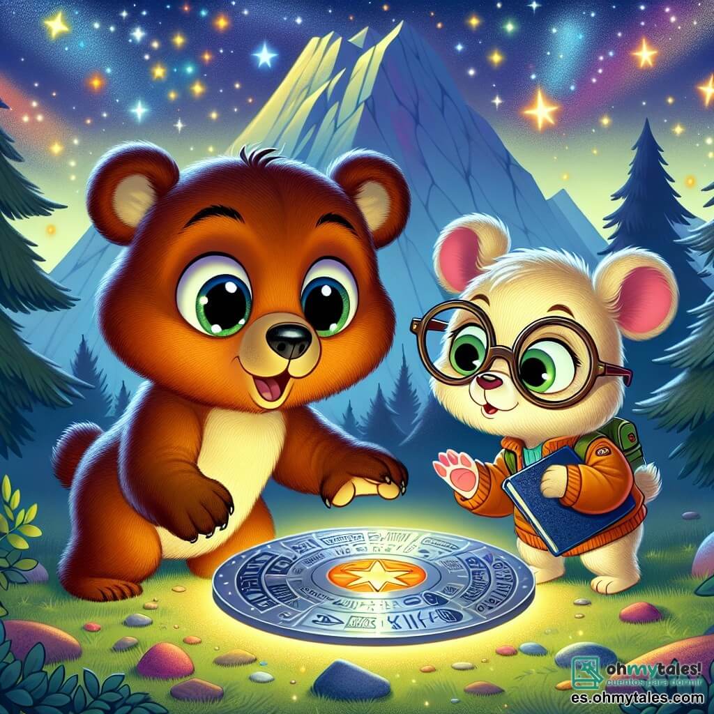 Un pequeño oso curioso, con pelaje marrón y ojos brillantes de alegría, se inclina con asombro sobre un disco metálico brillante, descubierto bajo una roca de colores. Sonríe ampliamente y sus pequeñas patas están extendidas hacia el objeto misterioso. A su lado, una joven osa de pelaje crema, con gafas en la nariz y una expresión concentrada, examina el disco con un cuaderno en la mano, lista para descifrar los símbolos. Al fondo, un paisaje montañoso vibrante, con árboles de hojas centelleantes y un cielo estrellado lleno de constelaciones brillantes, crea una atmósfera mágica. La escena principal muestra al oso y a la osa descubriendo juntos un mensaje extraterrestre, simbolizando la amistad y la curiosidad ante lo desconocido.