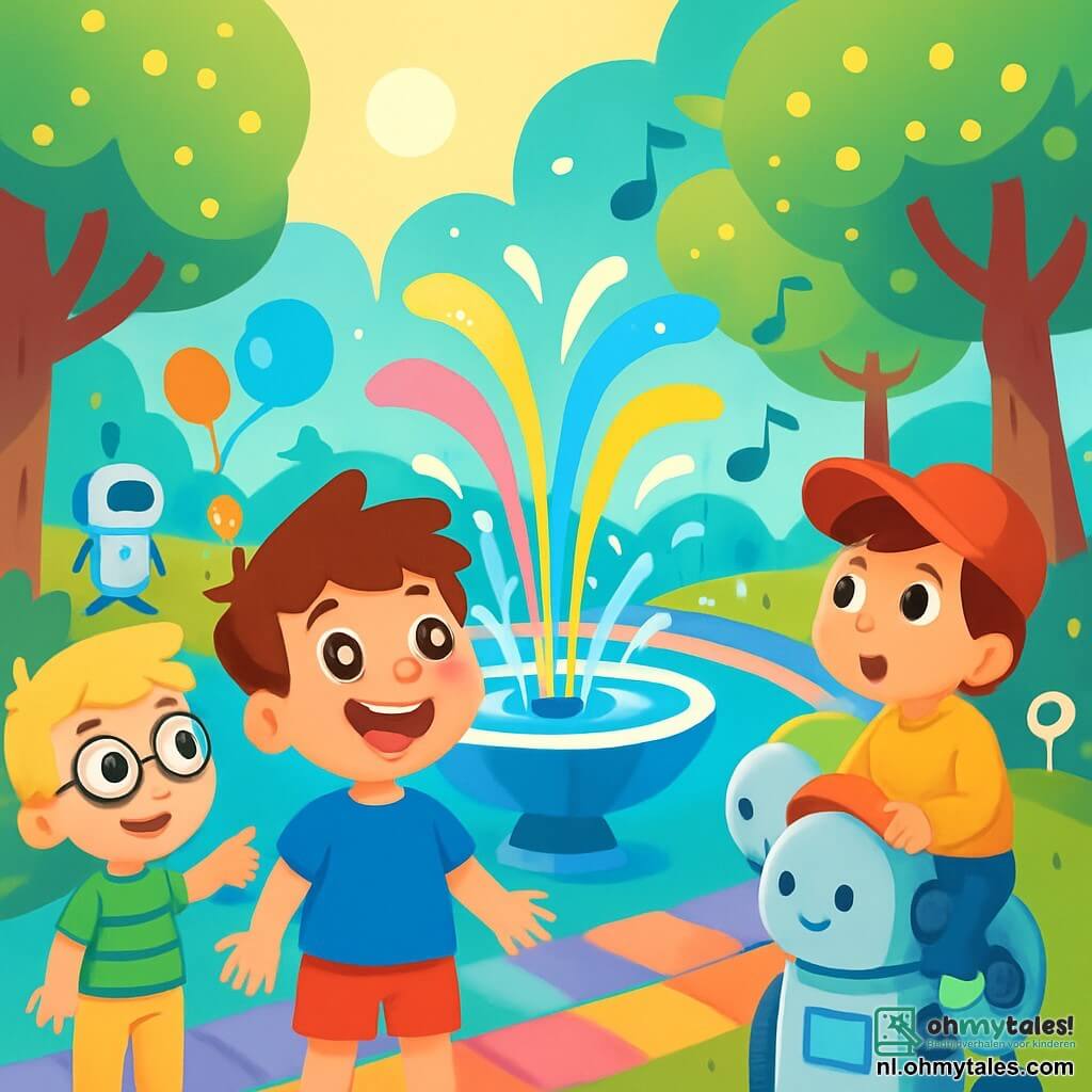 Er zijn 3 personages: - Max: een 8-jarig meisje met rommelig bruin haar, in een blauwe t-shirt en een rode short. Hij staat in het midden, met een brede glimlach en sterren in zijn ogen terwijl hij naar de fontein kijkt. - Sam: een 7-jarig meisje met blond haar en ronde bril, gekleed in een groen gestreepte shirt en een beige broek. Hij staat iets naar links en wijst naar de kleurrijke fontein. - Luca: een 6-jarig meisje met kastanjebruin haar en een rode pet, gekleed in een gele sweatshirt en een spijkerbroek. Hij zit rechts op een robotdecoratie en kijkt verwonderd naar de dansende waterstralen. De locatie is een futuristisch park in Glimstad, vol met grote bomen met glinsterende bladeren die onder de zon schitteren. Een centrale fontein spuit gekleurd water, waardoor regenbogen in de lucht ontstaan. Vriendelijke robots bewegen zich eromheen en kinderen spelen met zwevende ballonnen. De grond is bedekt met glanzende tegels die van kleur veranderen onder hun voeten. De hoofdscène toont de drie vrienden die verwonderd naar de fontein kijken, waar het water danst in spatten van blauw, geel en roze, terwijl zachte muzieknoten om hen heen zweven. Ze delen een moment van vreugde en verwondering, omringd door de magie van hun futuristische stad.
