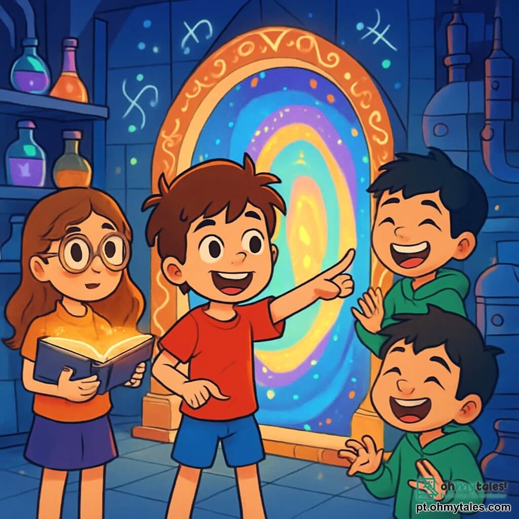 Há 4 crianças: - Lucas: um garoto de 10 anos, com cabelos castanhos bagunçados e olhos curiosos. Ele usa uma camiseta vermelha e um short azul, e está no centro, apontando para um portal mágico. - Sofia: uma menina de 9 anos, com cabelos longos e ondulados, castanho claro, e óculos redondos. Ela está à esquerda de Lucas, segurando um livro flutuante que brilha com uma luz dourada. - Miguel: um garoto de 10 anos, com cabelos negros e olhos travessos, vestindo um moletom verde. Ele está à direita de Lucas, rindo e fazendo gestos engraçados com os braços. - Clara: uma menina de 9 anos, com cabelos curtos e cacheados, loiros, vestindo um vestido roxo. Ela está um pouco atrás, observando os outros com um sorriso encorajador. O cenário é uma grande sala da estação espacial Lumina, cheia de frascos coloridos, máquinas estranhas e luzes brilhantes. Inscrições mágicas brilham nas paredes, e um portal mágico, vibrante de cores, está no centro da sala. A cena mostra as quatro crianças se preparando para atravessar o portal mágico. Lucas, com um olhar determinado, aponta para o portal, enquanto Sofia consulta seu livro flutuante. Miguel, com um sorriso travesso, faz uma piada para descontraí-los, e Clara, cheia de entusiasmo, os encoraja a se aventurar nesse novo mundo.