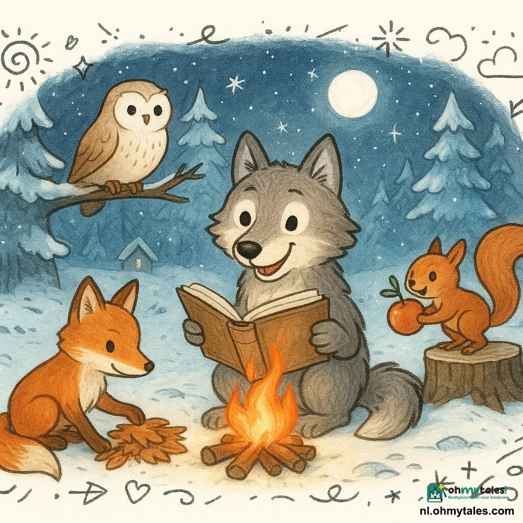 Kleine grijze wolf Luka, glimlachend, pluizige vacht en heldere ogen, staand bij een kampvuur met een oud stoffig boek open tussen zijn poten. Vos Félix, slank en rood, ondeugend maar vriendelijk, gehurkt links van Luka en bladeren schikkend voor een hol, met opgerolde pluimstaart. Uil Ella, rond en wijs, crèmekleurige veren, op een tak achter het vuur met een zachte blik. Eekhoorn Pip, klein en levendig, roodbruine vacht, vrolijk, springt op een boomstam rechts en houdt een glanzende appel als wens. Besneeuwd bos met hoge dennen, zilveren maan, sterrenhemel, houten huisjes in de verte en sporen in de sneeuw. Hoofdscène: vrienden bij een knapperend vuur om middernacht, warme feestelijke sfeer, bescheiden vuurwerk, vriendschap en zachte texturen.