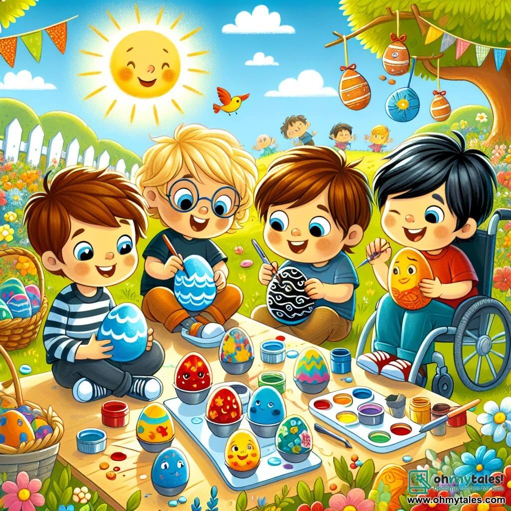 In a sunny garden, four five-year-old boys are painting Easter eggs. Timmy, a boy with brown hair and sparkling eyes, is sitting on the left, focused on his blue egg decorated with waves. To his right, Joey, a boy with blonde hair and round glasses, laughs while painting an egg with a funny face. Sam, a boy with brown hair and a big smile, is in the center, painting a bright yellow egg with sun rays. Max, a boy with black hair and a big heart, is on the right, in his wheelchair, painting a red egg with a big heart. The garden is filled with colorful flowers, Easter decorations, and painted eggs scattered around them. In the background, a tree is decorated with hanging eggs and birds are singing in the branches. The boys are actively engaged, laughing and sharing ideas, creating colorful Easter eggs to celebrate this magical day.