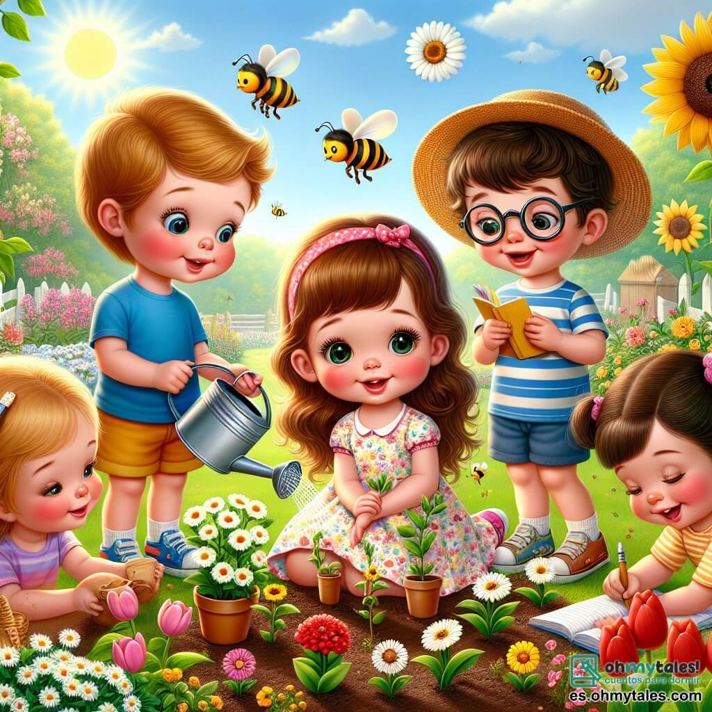 En un jardín soleado, cinco niños están reunidos. Ana, una niña de 5 años con largos cabellos castaños y un vestido colorido con flores, está agachada plantando semillas de flores. A su lado, Luis, un niño de 5 años con cabello rubio y una camiseta azul, riega los brotes con una pequeña regadera. Pedro, un niño de 5 años con cabello castaño y un sombrero de paja, observa una abeja que vuela alrededor de las flores. Carlos, un niño de 5 años con gafas y una camisa a rayas, toma notas en un pequeño cuaderno, mientras que Ana, otra niña de 5 años con trenzas y una falda rosa, ríe sosteniendo una flor en su mano. El jardín está lleno de flores coloridas: margaritas blancas, tulipanes rojos y girasoles amarillos que se mecen suavemente con el viento. Las abejas zumban alegremente alrededor de las flores, y un cielo azul claro se extiende sobre ellos, salpicado de algunas nubes blancas. Los niños están creando un jardín para las abejas, plantando flores para atraerlas y celebrar la llegada de la primavera. Ríen y se ayudan mutuamente, llenos de alegría y emoción, mientras la naturaleza despierta a su alrededor.