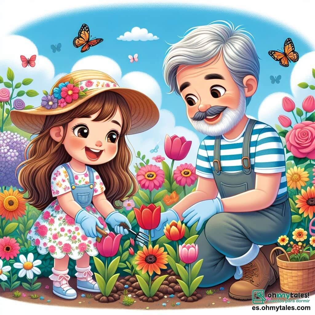 Una niña de 6 años, llamada Sofía, con largos cabellos castaños y ojos brillantes de alegría, está plantando flores en un jardín colorido. Lleva un vestido ligero con flores y un sombrero de sol, y su rostro irradia emoción y felicidad. Junto a ella, el vecino, el señor Ramón, un hombre de unos 60 años con barba gris y una sonrisa cálida, le está enseñando a plantar tulipanes. Él viste una camiseta a rayas y pantalones de jardinería, inclinándose hacia Sofía y dándole consejos con amabilidad. El jardín está lleno de flores vibrantes como rosas, margaritas y girasoles, bajo un cielo azul claro con algunas nubes blancas. Se pueden ver mariposas volando a su alrededor, añadiendo un toque de magia a la escena. En esta ilustración, Sofía y el señor Ramón comparten un momento de complicidad y aprendizaje mientras trabajan juntos para embellecer el jardín, simbolizando el espíritu de la primavera y la importancia de la amistad y la naturaleza.