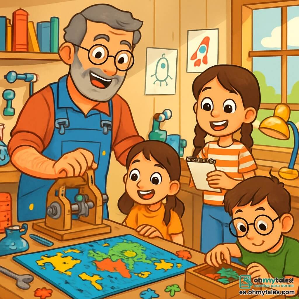 Un hombre de unos 50 años, con una sonrisa y ojos llenos de curiosidad, se encuentra en su taller. Tiene barba canosa, gafas redondas y lleva un overol azul manchado de pintura. Está manipulando una máquina de madera, rodeado de diversas herramientas coloridas, con una expresión de emoción y concentración en su rostro. A su lado, una niña de 9 años, con dos trenzas y una gran sonrisa, observa atentamente, sosteniendo un pequeño cuaderno de bocetos. Lleva una camiseta a rayas y jeans, y parece fascinada por las invenciones del hombre. Un niño de 10 años, con gafas y mirada curiosa, está agachado cerca de una caja de madera, buscando piezas faltantes para un rompecabezas. El taller está lleno de luz, con estanterías cargadas de libros y materiales coloridos, dibujos colgados en las paredes y una gran ventana que deja entrar el sol. La escena principal muestra al hombre y a los niños trabajando juntos para armar un gran rompecabezas colorido que representa un mapa del mundo, con piezas esparcidas a su alrededor, ilustrando el espíritu de equipo y la alegría de crear juntos.