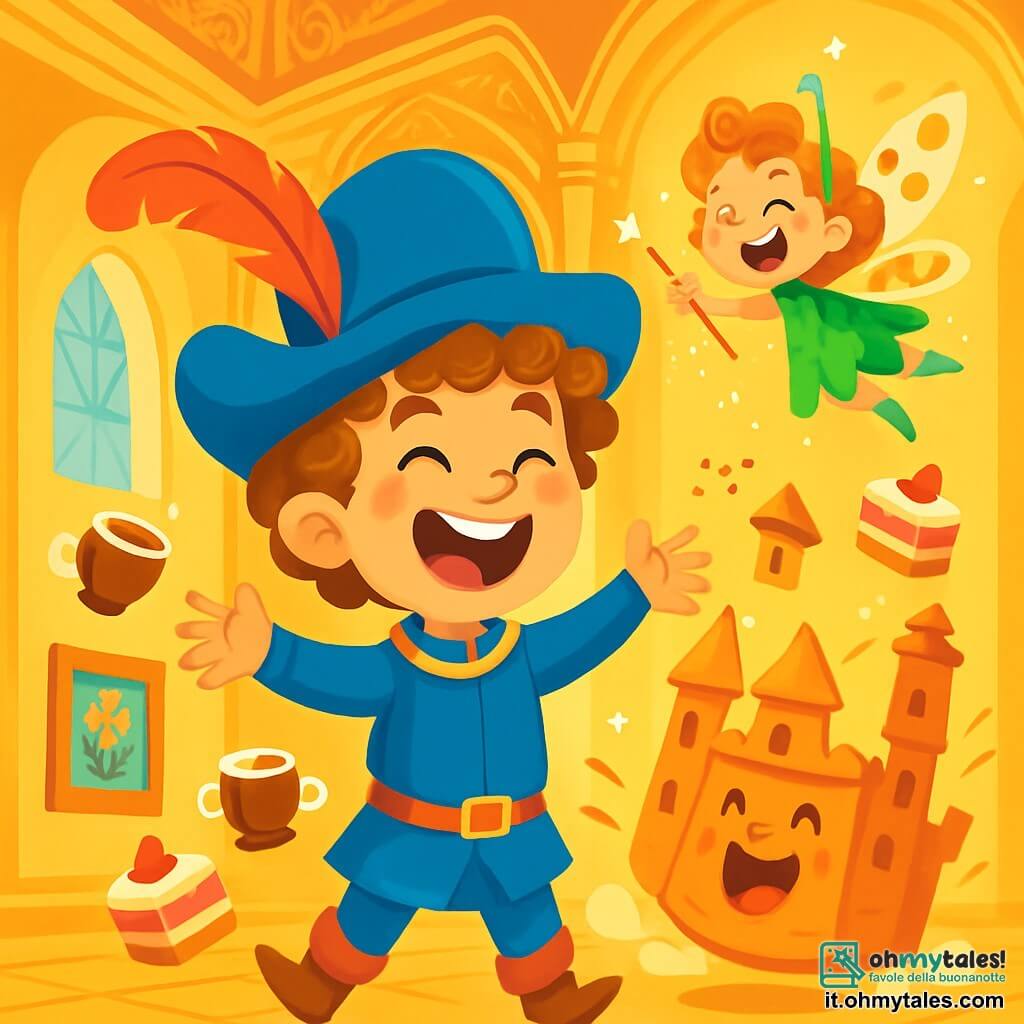Il principe Milo, un ragazzo sorridente di circa 10 anni, indossa un grande cappello blu decorato con una piuma rossa che fluttua gioiosamente nel vento. Ha capelli ricci e occhi brillanti di malizia, e sta ridendo a crepapelle, con le braccia aperte, in mezzo a un castello che sembra saltare come una rana. Accanto a lui, la fata Pimpilla, una piccola creatura con ali a pois, capelli a spirale e un viso gioioso, vola in cerchi attorno a lui, ridendo a squarciagola. Tiene una bacchetta scintillante che lascia dietro di sé una scia di glitter. Lo scenario è un grande salone del castello, con soffitti alti decorati con dorature, pareti tappezzate di quadri colorati e finestre che lasciano entrare raggi di sole brillanti. Tazze di cioccolata calda e torte volanti fluttuano intorno a loro, aggiungendo un tocco di magia all'atmosfera. La scena principale mostra il principe Milo e la fata Pimpilla che ridono insieme mentre l'intero castello sembra saltare di gioia, creando un'immagine piena di vita, colori vivaci ed energia incantata.