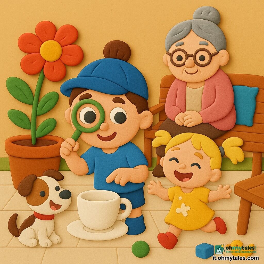 Bambino di 4 anni, viso tondo, capelli castani raccolti, berretto blu, occhi grandi e brillanti, sorriso fiero, tiene una lente di plastica davanti all'occhio e indica una tazza vicino a un grande vaso con un fiore rosso; la sorellina Nina di circa 2 anni, capelli biondi a codini, vestito giallo macchiato di latte, ride e salta con le mani ancora bianche di latte; una nonna anziana con capelli grigi raccolti in chignon, occhiali tondi e cardigan rosa è seduta su una panca da giardino dietro i bambini e li guarda con tenerezza; c'è un cagnolino marrone e bianco di nome Palle con una goccia di latte sul muso che sta seduto ai piedi del bambino scodinzolando; terrazza-cucina soleggiata con tavolo di legno e tazza in porcellana, vaso di terracotta con grande fiore rosso e qualche gioco sparso; scena principale: gioiosa scoperta della tazza ritrovata vicino al vaso, espressioni felici e gesti di festa, composizione centrata su lente, tazza e fiore.