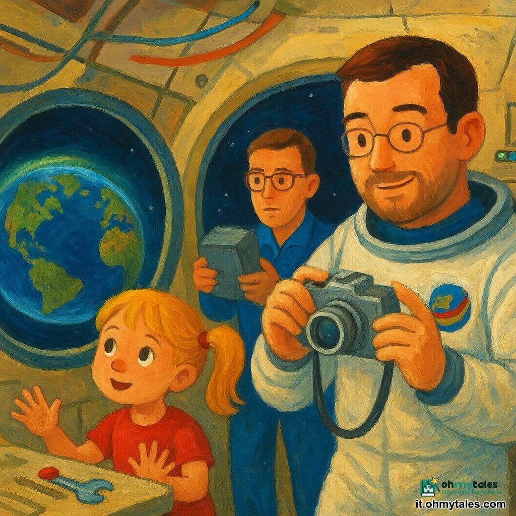 Un astronauta sorridente e concentrato, volto rotondo con barba corta e capelli castani, in tuta spaziale bianca con una piccola toppa colorata, tiene una fotocamera argentata con tracolla e regola l'obiettivo vicino a un grande oblò; a sinistra una bambina di 6 anni, Luna, con capelli biondi a codini, giocosa e meravigliata, guarda fuori con le mani sul vetro; dietro l'astronauta un ingegnere uomo di circa 35 anni, capelli corti e occhiali, serio e collaborativo, porge una batteria grigia nuova; interno: stazione spaziale con pareti metalliche color crema, cavi colorati, pannelli con luci verdi e rosse e un tavolo fluttuante con attrezzi magnetici; fuori la Terra rotonda e blu con continenti verdi, nubi bianche e un'aurora verde sull'orizzonte; scena di fotografie della Terra, luce soffusa e atmosfera calma; palette vivace e contrastata, texture di pittura spessa, pennellate visibili, stile acrilico caldo e infantile.