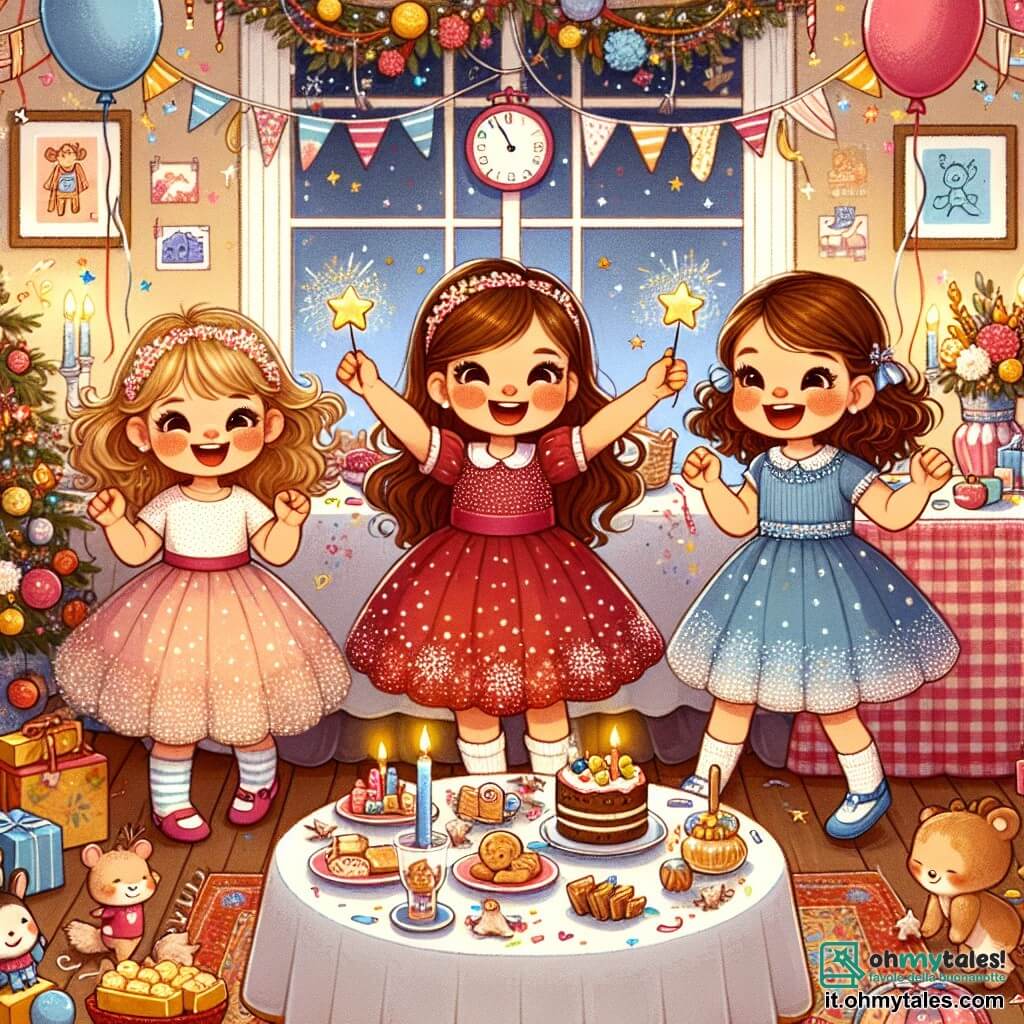 In una stanza calda e colorata, tre bambine si riuniscono per celebrare il Capodanno. Sofia, una bimba di quasi tre anni con lunghi capelli castani, indossa un vestito rosso a pois bianchi. È al centro, sorridente, mentre mette delle stelle filanti su un grande tavolo decorato. Alla sua destra, Anna, una bimba di quattro anni con capelli biondi ricci, indossa un bel vestito rosa e alza le braccia in segno di entusiasmo. A sinistra, Giulia, una bimba di cinque anni con capelli castani lisci, danza felicemente in un vestito blu scintillante. La stanza è decorata con festoni colorati, palloncini e un grande tavolo pieno di dolcetti. I muri sono adornati con disegni fatti a mano e un grande orologio sullo sfondo segna che la festa sta per iniziare. La scena principale mostra le tre amiche che contano insieme per il Capodanno, con volti illuminati dall'eccitazione, pronte ad accogliere un nuovo anno pieno di promesse e avventure.