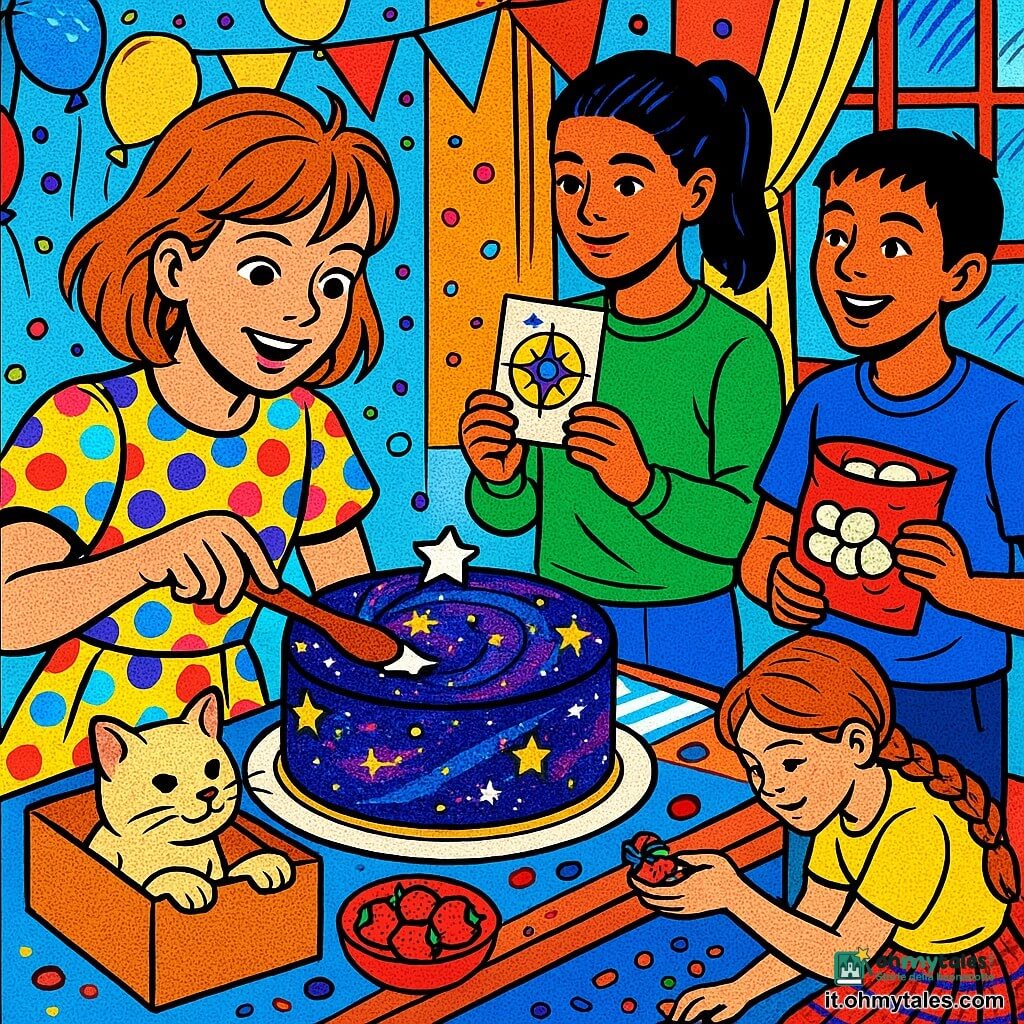 Ragazza di 12 anni, capelli castano chiaro medi con ciocca ribelle, viso sorridente, occhi grandi, veste colorata a pois, tiene una spatola di cioccolato e posa una cometa di zucchero su una grande torta decorata come una galassia; Noura, circa 12 anni, pelle olivastra, capelli scuri in coda, maglione verde, tiene una carta illustrata con una "Bussola che indica i desideri" e sorride timidamente vicino al tavolino alla finestra; Leo, circa 12 anni, capelli corti scuri, maglietta blu, tiene un sacchetto di marshmallow e propone idee ridendo accanto al tavolo; Marta, circa 12 anni, capelli rossi in treccia, gonna a quadri, raccoglie coriandoli e sistema fragole intorno alla torta, inginocchiata al piano di lavoro; il gatto Gelsomino, piccolo dal pelo crema con baffo di glassa, è in una scatola vicino alla porta-finestra con una zampa sporca di glassa; ambiente: salone-cucina luminoso decorato per una festa con ghirlande, palloncini, tovaglie a righe, grande tavolino di legno davanti a una finestra e un raccoglitore trasparente con carte illustrate; scena principale: compleanno in cui i bambini trasformano la torta parzialmente pasticciata dal gatto in una galassia commestibile scambiandosi carte illustrate, composizione dinamica, colori vivaci, atmosfera calda e giocosa.