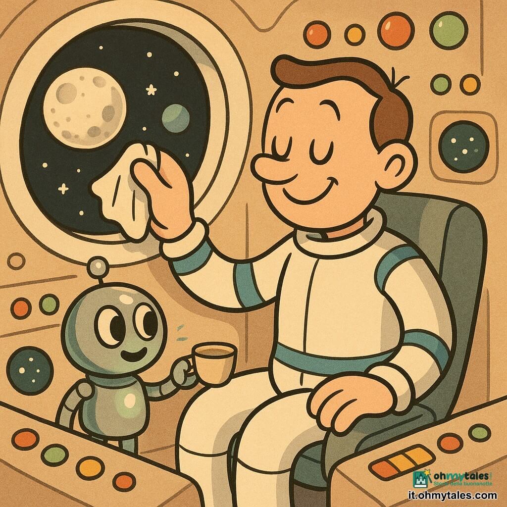 Un uomo alto, sorridente e sereno, capelli corti castani, in tuta spaziale bianca con bande blu, seduto nel sedile del cockpit mentre pulisce un piccolo oblò con un panno; a destra, vicino al cruscotto, un piccolo robot rotondo e metallico chiamato Mini emette una luce verde e porge una piccola tazza; il cockpit rotondo e luminoso con pannelli di pulsanti colorati e schermi circolari mostra stelle e dispone di un ampio oblò con vista sulla Luna e su un pianeta azzurro lontano, atmosfera calma e domestica in volo spaziale, gesti morbidi, atmosfera accogliente, luci calde, superfici lisce e palette pastello.