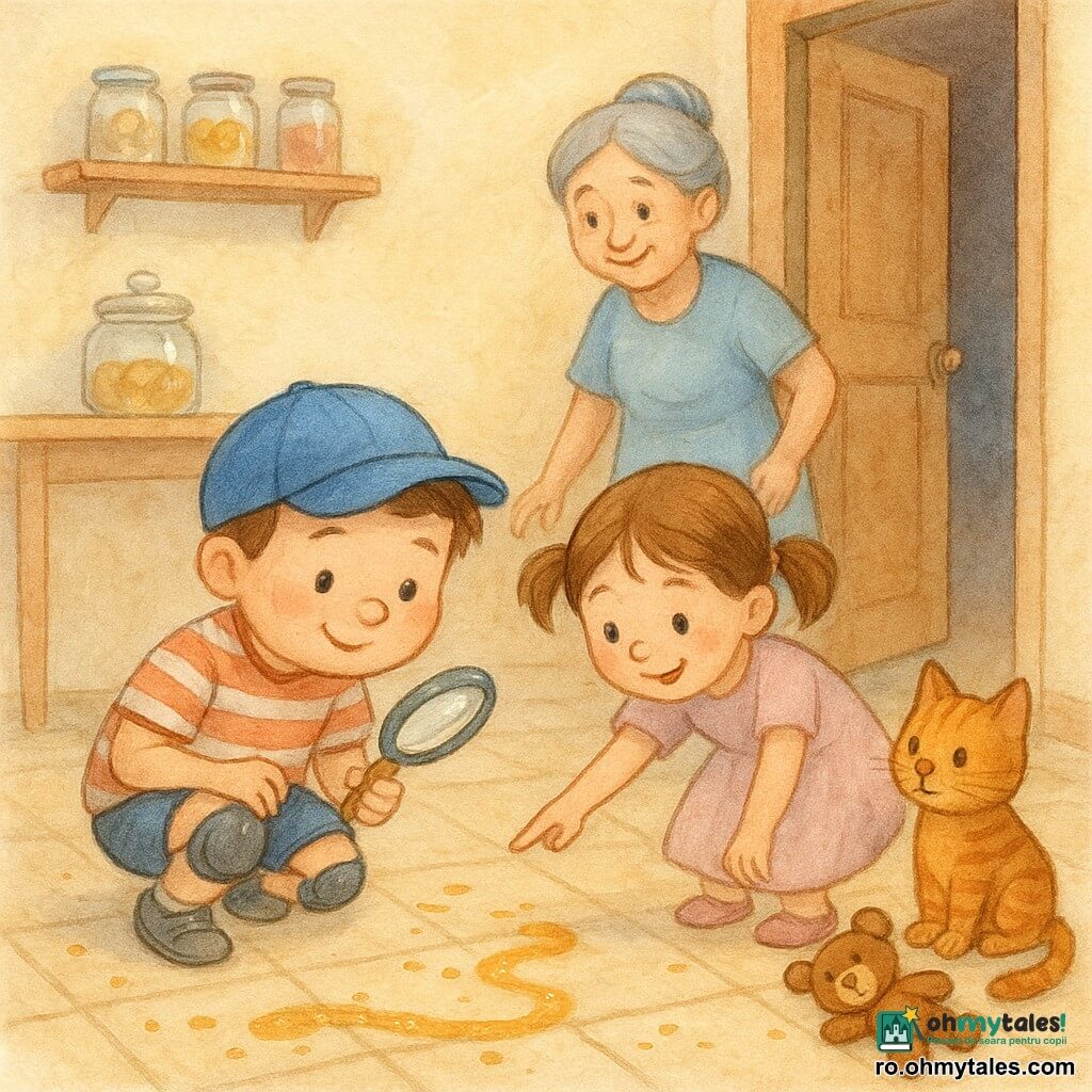 Un băiețel de 4 ani, obraznic și cu chip rotund, purtând șapcă albastră, genunchiere și tricou în dungi, aplecat și concentrat, inspectează cu lupă o urmă lipicioasă de miere aurie pe gresie bej; bunica cu păr gri prins în coc, zâmbet cald, stă lângă ușa camerei de depozitare cu o mână pe ea, iar Mara, fetiță de 4 ani cu codițe și rochiță pastel, arată cu degetul spre firul de firimituri; pisica Pufi, roșcată și tigrată, cu botul acoperit de miere, stă la ușa deschisă împingând un ursuleț de pluș maro; bucătărie caldă și familială, cu gresie lucioasă, masă din lemn deschis, covoraș pufoșel, rafturi cu borcane și ușa camerei de depozitare între-deschisă — trei micii detectivi descoperă urma lipicioasă de miere ce șerpuiește de pe blat până la depozit, scenă jucăușă și luminoasă cu picături, firimituri și reflexe.