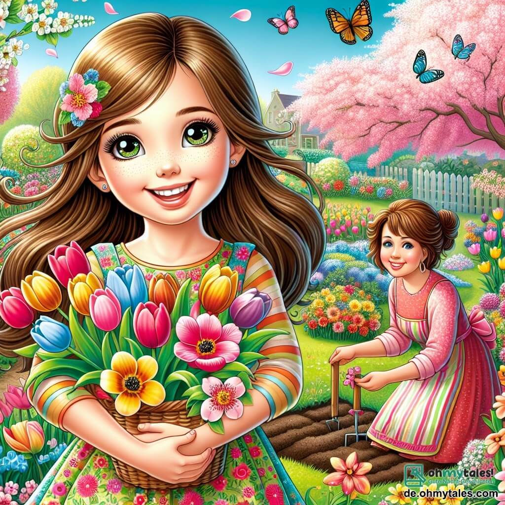 Ein 12-jähriges Mädchen, Mia, mit langen braunen Haaren und funkelnden Augen steht mitten in einem blühenden Garten. Sie trägt ein buntes Kleid mit Blumenmustern und lächelt breit, während sie einen Korb mit leuchtenden Tulpen hält, die sie gerade gepflückt hat. Neben ihr ist ihre Mutter, eine Frau in ihren Dreißigern mit braunen, zu einem Dutt gebundenen Haaren, die gerade Samen in die Erde pflanzt und stolz zu ihrer Tochter lächelt. Der Garten ist ein wahres Frühlingsbild, gefüllt mit bunten Blumen, schwirrenden Schmetterlingen und einem großen blühenden Kirschbaum, dessen rosa Blütenblätter sanft wie Schnee herabfallen. Mia und ihre Mutter bereiten den Garten für den Frühling vor, umgeben von der Schönheit der Natur, bereit, neue Blumen zu pflanzen und die Saison zu feiern.