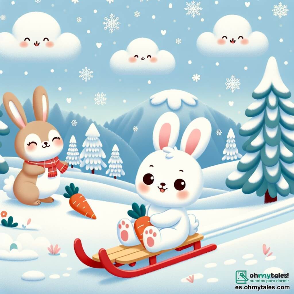 Un pequeño conejo blanco llamado Nieve, con grandes orejas y ojos brillantes de alegría, se desliza en un trineo rojo brillante por una colina nevada, riendo de felicidad. A su lado, su mamá, una bonita coneja de pelaje suave y marrón, sonríe con ternura mientras sostiene una zanahoria en su pata, observando a su pequeño con orgullo. El paisaje es un hermoso cuadro invernal, con árboles cubiertos de nieve brillante, un cielo azul claro salpicado de nubes blancas esponjosas y copos de nieve cayendo suavemente a su alrededor. La escena muestra a Nieve divirtiéndose deslizándose sobre la nieve, dejando huellas en el manto blanco, mientras su mamá se prepara para unirse a él y jugar juntos.