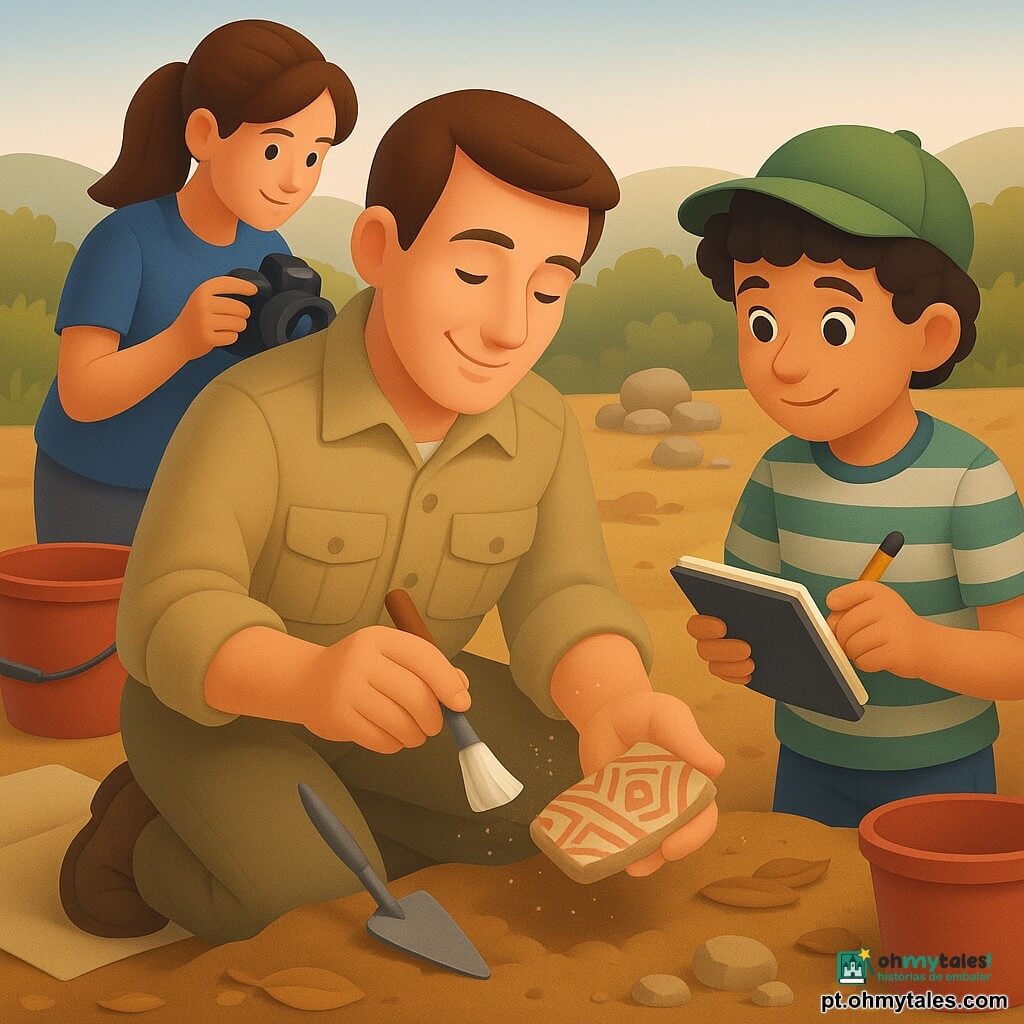 Um arqueólogo homem, sorriso calmo e olhar concentrado, cabelos castanho-escuros curtos, jaqueta bege com bolsos e calças cáqui empoeiradas, ajoelhado, segurando um pequeno pincel branco e uma colher de pedreiro, limpando delicadamente uma cerâmica antiga; um menino assistente de ~10 anos, cabelos cacheados pretos, boné verde, camisa às riscas, com caderno e lápis à direita anotando e admirando a peça; uma menina fotógrafa de ~14 anos, rabo de cavalo castanho, camiseta azul, com câmera preta, um pouco recuada à esquerda tirando fotos; local: sítio antigo ao ar livre durante o dia, solo ocre, pequenas pedras empilhadas, folhas secas, lona bege e baldes vermelhos ao redor, arbustos baixos e colinas suaves ao fundo sob céu limpo; situação: descoberta delicada de um fragmento de cerâmica com motivos vermelhos, gestos lentos e cuidadosos, poeira flutuante e luz suave realçando a textura da terra e dos objetos.