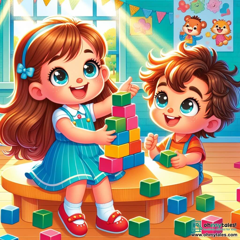A 4-year-old girl with long, shiny brown hair and big curious eyes smiles joyfully while playing with colorful blocks. She wears a pretty blue dress and red shoes, and her face shows pride and excitement. Next to her is a 4-year-old boy named Noah, with curly hair and a sweet smile, encouraging her while holding a green block. They are both at a round wooden table in a bright classroom filled with colorful drawings on the walls and large windows letting in sunlight. The main scene shows Olivia and Noah building a block tower together, laughing and having fun in a joyful and friendly atmosphere.
