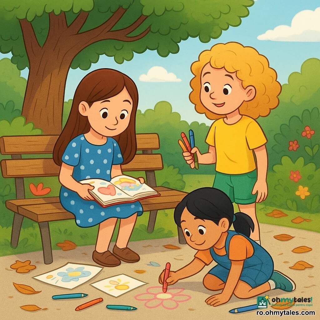 Există 3 personaje principale: - Mara, o fată de 10 ani, are părul lung și castaniu și poartă o rochie albastră cu buline albe. Ea stă pe o bancă de lemn, ținând un carnet de desen colorat. - Leila, o fată de 10 ani, are părul blond și creț și poartă un tricou galben strălucitor și pantaloni scurți verzi. Ea stă în picioare lângă Mara, ținând creioane colorate în mâini. - Daria, o fată de 10 ani, are părul negru prins în coadă de cal și poartă o salopetă din denim. Ea este ghemuită în fața băncii, desenând pe sol cu o cretă roz. Locul este o mică piață de cartier cu copaci verzi și flori colorate în jur. O bancă veche de lemn este plasată sub un stejar mare, iar solul este presărat cu frunze de toamnă. Cerul este albastru deschis cu câțiva nori albi pufoși. Situația principală arată cele trei fete creând desene și mesaje de încurajare. Ele sunt concentrate și zâmbitoare, înconjurate de foi de hârtie colorate și creioane împrăștiate în jurul lor. Atmosfera este veselă și plină de speranță, cu o lumină blândă filtrând printre ramurile copacilor.