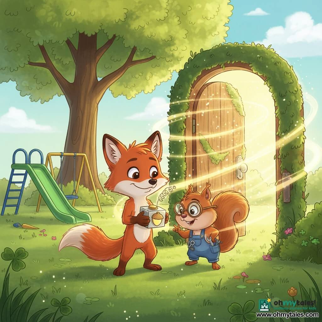 Finn, a young red fox with bright fur and mischievous eyes smiles while holding a small silver box with an antenna and a shiny acorn‑shaped button; Squeaky, a small round mechanical squirrel with oval glasses and tools in a pocket, leans proudly and intently beside him. An ancient moss‑covered wooden door framed by glossy grass and flowers opens, releasing soft golden light that curls outward. The setting is an old schoolyard in spring with metal swings, a smooth slide, clover‑speckled grass with dew, and a tree with translucent leaves; the magical moment when the time door opens envelops Finn and Squeaky in warm, saturated colors and soft edges in a child‑friendly reassuring style.