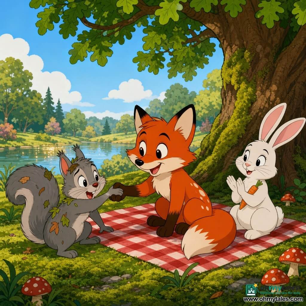A small cute red fox with round mischievous eyes, soft fur and white markings sits on a plaid blanket, smiling and reaching a paw to help a gray squirrel with a bushy tail and leaves stuck in its fur who is rising to the fox's left with a relieved expression, while a white rabbit with long tilted ears and a calm smile sits to the fox's right gently clapping and holding a small carrot; they are in a sunny park corner by a large shady oak with moss, small red mushrooms and a gleaming pond under a soft blue sky, sharing a warm, safe moment after a fall in a 90s cartoon style with rounded lines, vivid pastel colors and soft contrasts.