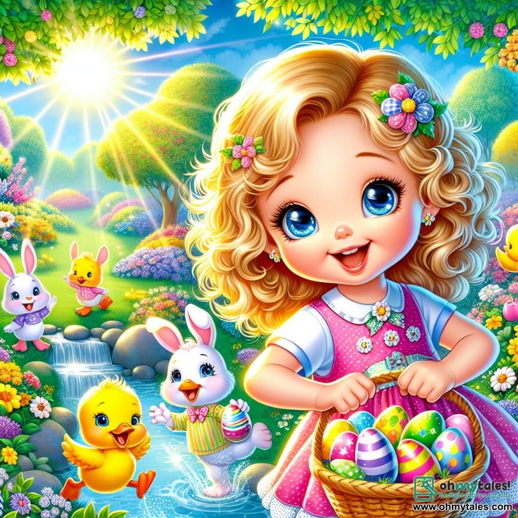 A 6-year-old girl named Lily, with sparkling blue eyes and curly blonde hair, joyfully smiles while holding a basket filled with colorful Easter eggs. She wears a pink dress with white polka dots and yellow sandals, surrounded by her friends in a sunny garden. Benny, an adorable little bunny with big ears and white fur, hops excitedly next to her, holding a shiny egg in his paws. Daisy, a playful duck with bright yellow feathers, swims happily near a small stream, while Charlie, a cute and curious chick, explores the colorful flowers, searching for hidden eggs. The enchanting garden is filled with vibrant flowers, majestic trees, and a large rainbow tree at the center, where sunlight filters through the leaves, creating a magical and joyful atmosphere. The main scene shows Lily and her friends engaged in an Easter egg hunt, laughing and having fun, searching for eggs hidden behind flowers and under leaves, with radiant smiles lighting up their faces.