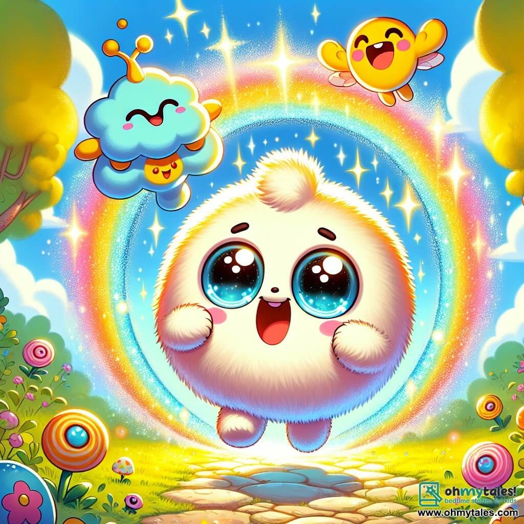 A small round and fluffy character with bright eyes and a joyful smile is enthusiastically jumping through a magical portal that shines with a thousand colors. This character resembles an adorable plush creature with soft, fluffy fur, expressing great curiosity and excitement. Next to him, a small blue cloud with arms and legs floats joyfully, its eyes sparkling with happiness as it claps and encourages its friend to cross the portal. A small yellow sprite with sparkling wings flies around them, laughing and showing the way with a big smile, full of energy and enthusiasm. The setting is a sunny clearing surrounded by candy-colored trees and flowers that seem to laugh and dance in the breeze. In the center, a swirling luminous portal emits bursts of light that illuminate the scene. The main moment shows the magical instant when the friends are about to enter the portal, ready for an incredible adventure through time, filled with excitement and promises of fantastic discoveries.