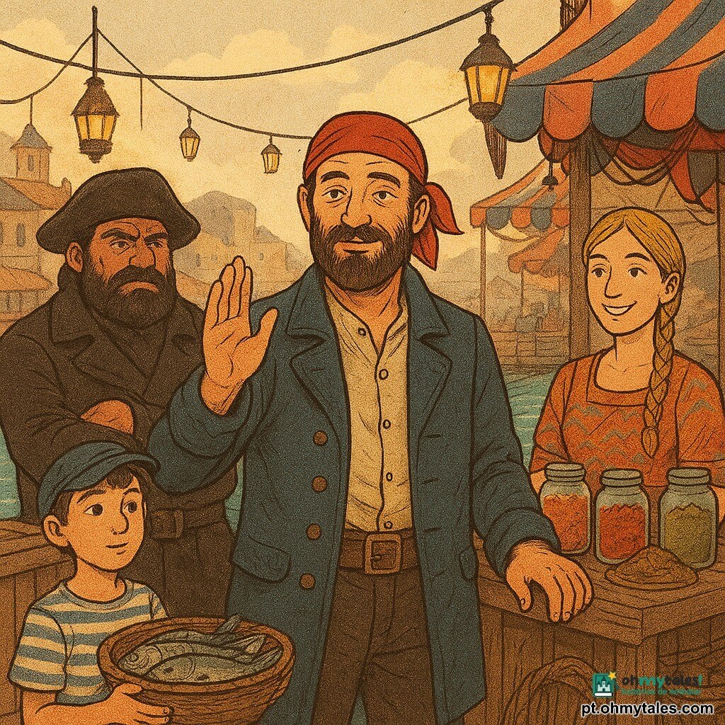 Homem adulto, capitão Miguel, ~45 anos, barba castanha, olhar benevolente, sorriso discreto, jaqueta de capitão azul-marinho gasta, bandana vermelha, mão levantada chamando ao silêncio e outra sobre a balaustrada do cais; homem adulto, capitão Barba Negra, ~40 anos, alto e corpulento, barba preta espessa, expressão cautelosa mas amena, sobretudo de pirata, de pé à esquerda com os braços cruzados junto a uma grande caixa de madeira; mulher comerciante, ~30 anos, cabelos loiros trançados, vestido colorido, sorri e mostra frascos de especiarias numa mesa de feira à frente à direita; rapaz aprendiz de marinheiro, ~12 anos, rosto curioso, camisa às riscas e boné, carrega uma cesta de peixes entre os dois capitães; cenário: largo cais de madeira gasto com lanternas, tendas de feira coloridas, barracas de tecido às riscas, barris e cordas, água turquesa do porto refletindo a luz do entardecer e prédios baixos de pedra ao fundo; situação: inauguração de um mercado comum onde piratas e mercadores começam a trabalhar juntos — clima festivo com lampiões, cheiro de especiarias, gestos de cooperação e expressões de esperança cautelosa; paleta quente e natural, textura de impressão em papel jornal, traços nítidos e sombras suaves.