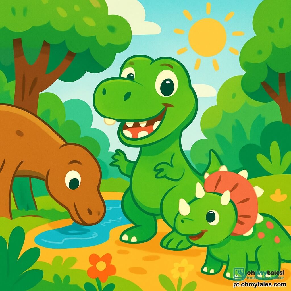 Um Tyrannossauro Rex chamado Tino, com pele verde brilhante e grandes olhos redondos e alegres, está no centro da cena, sorrindo com dentes brancos e brilhantes. À sua direita, um pequeno tricerátopo chamado Dina, com escamas verdes e rosas, olha para Tino com um ar feliz, suas pontas brilhando ao sol. À esquerda, um braquiossauro chamado Léo, com um longo pescoço e pele marrom, se inclina para beber água de um lago, seus olhos doces e curiosos fixos em seus amigos. A cena ocorre em uma floresta exuberante, cheia de árvores gigantes com folhas verdes vibrantes, flores coloridas e um lago azul cintilante, onde o sol brilha através dos galhos. Tino, Dina e Léo brincam juntos, correndo alegremente sobre o chão coberto de folhas, rindo e se divertindo, criando uma atmosfera de felicidade e amizade.