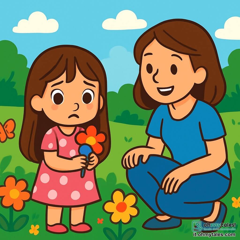 Una bambina di 4 anni, Anna, con lunghi capelli castani e occhi pieni di curiosità, si trova in un giardino soleggiato, con un'espressione un po' preoccupata. Indossa un vestito rosa a pois bianchi e tiene delicatamente un bel fiore colorato tra le mani, guardandosi intorno con esitazione. Accanto a lei, sua madre, una donna di circa 30 anni con capelli castani e un sorriso caloroso, è accucciata, osservando il giardino con affetto. Indossa una maglietta blu e jeans, pronta ad aiutare la figlia. Il giardino è pieno di fiori vivaci, con farfalle che volano e un cielo azzurro punteggiato di nuvole bianche e soffici. La scena principale mostra Anna, un po' in colpa, mentre tiene il fiore che ha raccolto, mentre la madre le parla dolcemente, insegnandole l'importanza di dire la verità.