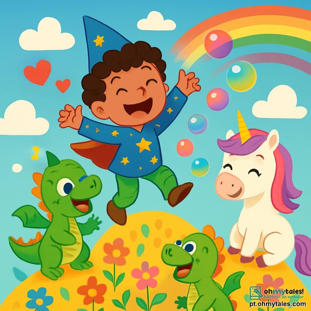 Um príncipe chamado Dudu, um menino alegre de cerca de 8 anos, com cabelos cacheados e um grande sorriso, salta de alegria no topo da Montanha Borbulhante. Ele usa uma túnica azul adornada com estrelas douradas e um chapéu pontudo que faz "ding" quando se move. Ao seu lado, um pequeno dragão verde chamado Bubu, com grandes olhos brilhantes e escamas reluzentes, sopra bolhas de sabão coloridas, rindo muito. Um pouco mais atrás, um unicórnio chamado Mimi, com uma crina cintilante e olhos suaves, acorda de um sono tranquilo, observando a cena com um sorriso divertido. O cenário é uma montanha mágica, coberta de flores multicoloridas que dançam ao vento, com nuvens em forma de corações flutuando em um céu azul. Dudu e Bubu se divertem estourando as bolhas enquanto riem, enquanto Mimi os incentiva com sons alegres. É um momento de pura felicidade e camaradagem em um reino encantado.