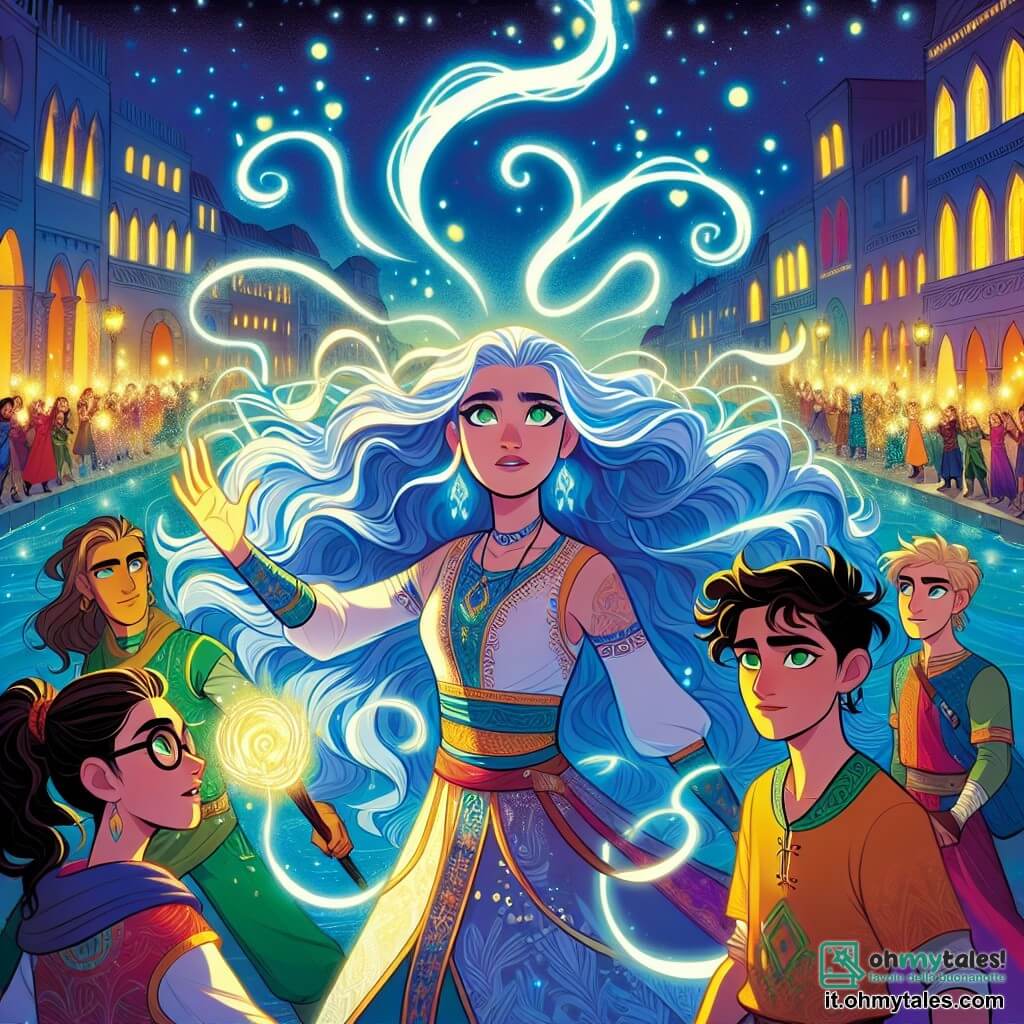 Al centro dell'immagine, Astra, una giovane donna di ventidue anni, si erge fiera. Ha lunghi capelli blu che fluttuano come onde di luce e i suoi occhi brillano di una determinazione splendente. È circondata da un alone luminoso, pronta a difendere la sua città. La sua espressione è sia coraggiosa che sicura, e alza una mano verso il cielo, come se invocasse la luce. Accanto a lei, un gruppo di cittadini coraggiosi, tutti di circa vent'anni, la sostiene. Tra loro, un giovane con capelli castani e occhi verdi, indossa una tunica colorata e brandisce una torcia accesa, mentre una giovane donna con capelli corti e occhiali rotondi, con un sorriso determinato, tiene una lanterna scintillante. Sono tutti in posizione di difesa, pronti a combattere al fianco di Astra. Il contesto si svolge nella piazza centrale di Luminara, circondata da edifici colorati e scintillanti. Lanterna fluttuano nell'aria, illuminando la scena con una luce calda, mentre ombre inquietanti si delineano sullo sfondo, suggerendo la minaccia di Ombra. La situazione principale mostra Astra e i suoi amici uniti contro Ombra, una silhouette scura e minacciosa che emerge dalle ombre. Astra, con il suo potere luminoso, è pronta a combattere l'oscurità, mentre i cittadini si tengono saldamente al suo fianco, illustrando il tema dell'unità e del coraggio di fronte all'avversità.