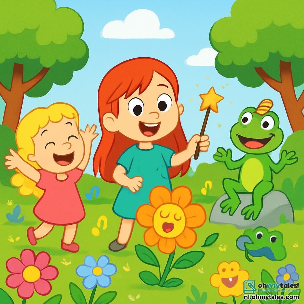 Er zijn 3 personages: - Sofie: een meisje van bijna 6 jaar met lange, vurige rode haren, sprankelende ogen en een grote glimlach. Ze houdt een kleine toverstok vast en staat in het midden, omringd door dansende bloemen. - Mila: een meisje van bijna 6 jaar met krullend blond haar en een roze jurk. Ze staat links van Sofie, lachend en met haar armen in de lucht, klaar om met de bloemen te dansen. - Kikker Karel: een grote groene kikker met een grappig hoedje op zijn hoofd. Hij staat rechts van Sofie, op een steen, glimlachend en gebarend met zijn poten, alsof hij instructies geeft. De locatie is een prachtige kleurrijke tuin, vol met schitterende bloemen in alle kleuren: roze, geel, paars en blauw. De bloemen dansen vrolijk op de melodie van een magisch deuntje, en bomen met weelderige takken wiegen zachtjes in de bries. De lucht is helderblauw, met pluizige witte wolken. De belangrijkste situatie toont Sofie en Mila die proberen een bloem te laten zingen, maar in plaats daarvan begint de bloem te dansen en trekt de hele tuin mee. De twee meisjes lachen hard, verwonderd door de magie om hen heen, terwijl Kikker Karel hen aanmoedigt met een grote glimlach.