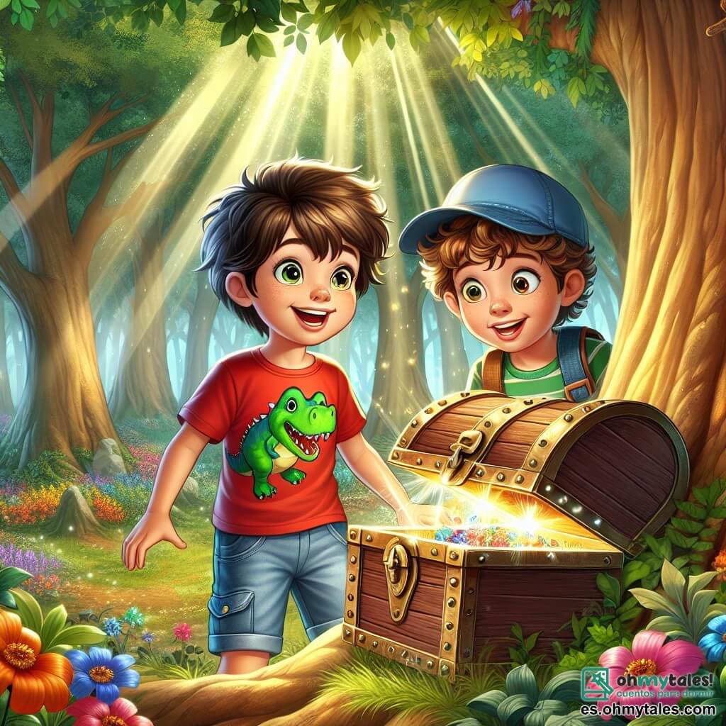 Un niño de 8 años, llamado Pablo, con cabello castaño desordenado y ojos brillantes de curiosidad, se encuentra frente a un gran árbol majestuoso en un bosque encantado. Lleva una camiseta roja con un dibujo de dinosaurio y un pantalón corto de mezclilla, y su rostro está iluminado por una sonrisa de emoción al descubrir un antiguo cofre escondido en el tronco del árbol. A su lado, su mejor amigo Lucas, también un niño de 8 años, con cabello rizado y una gorra azul, observa el cofre con ojos muy abiertos. Lleva una camiseta verde y un pantalón corto cargo, y se mantiene un poco atrás, listo para ayudar a Pablo a abrir el tesoro. El lugar es un bosque mágico, donde los árboles son altos y majestuosos, sus hojas brillan como esmeraldas bajo el sol, y flores coloridas cubren el suelo. Rayos de luz filtran a través del follaje, creando una atmósfera de ensueño. La escena principal muestra a Pablo y Lucas, maravillados, abriendo el antiguo cofre y descubriendo en su interior cartas y dibujos que hablan de la amistad, simbolizando su propia aventura y el valor de los lazos que comparten.