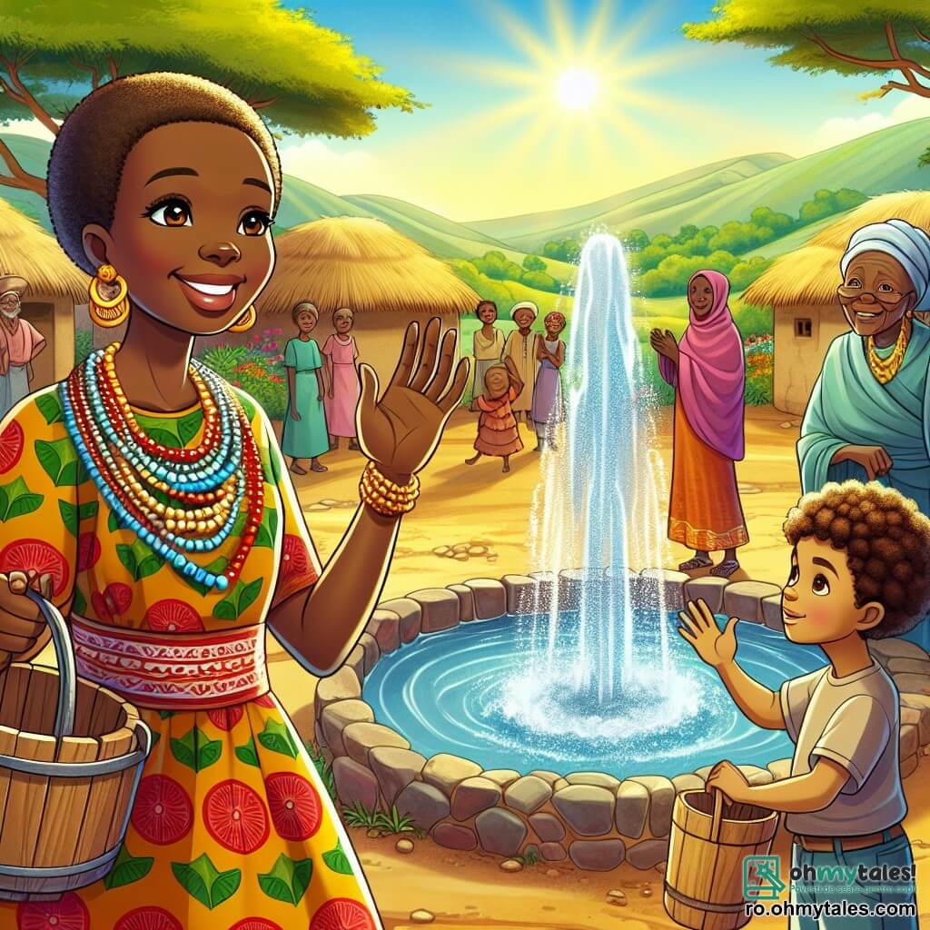 Amani, o femeie africană de aproximativ patruzeci de ani, se află în centrul scenei, zâmbind călduros, cu ochii strălucind de înțelepciune. Poartă o rochie colorată cu motive tradiționale, împodobită cu mărgele strălucitoare, și își ridică brațele în semn de unitate, înconjurată de comunitate. În dreapta sa, un băiat tânăr de aproximativ 10 ani, cu părul creț și o expresie hotărâtă, ține un găleată din lemn, pregătit să participe la concursul de la fântână. În stânga sa, o femeie în vârstă de aproximativ 70 de ani, cu riduri adânci și o privire binevoitoare, observă scena cu mândrie, ținând un baston din lemn. Decorul este un sat african pitorești, cu case din pământ bătut și acoperișuri din stuf, înconjurat de coline verzi și copaci majestuoși. În fundal, o fântână țâșnește apă limpede, strălucind sub soarele auriu, în timp ce flori colorate marginesc drumul. Situația principală arată cum Amani strânge sătenii în jurul fântânii, încurajându-i să se unească pentru a depăși conflictele, atmosfera fiind plină de speranță și bucurie, cu copii jucându-se și adulți discutând cu entuziasm.