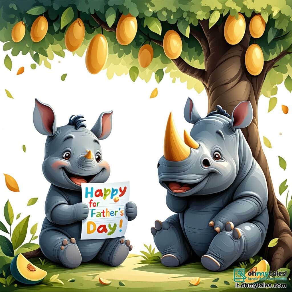 Un piccolo rinoceronte di nome Rino, con la pelle grigia e gli occhi scintillanti di gioia, è al centro dell'immagine, mentre tiene una lettera colorata e un disegno sotto un grande albero di mango. Sorride ampiamente, entusiasta per la festa del papà. Accanto a lui, il suo papà, un grande rinoceronte dal sguardo dolce e affettuoso, legge la lettera con aria commossa, le orecchie grandi leggermente inclinate in avanti. Più lontano, la scimmia Chichi, con il suo pelo marrone e gli occhi furbi, appende palloncini colorati ai rami dell'albero, ridendo gioiosamente. Il luogo è un angolo magnifico della giungla, baciato dalla luce dorata del sole, con fiori vivaci e farfalle che svolazzano. La scena trasmette un'atmosfera festosa e calorosa, piena di colori vivaci e felicità. Rino e il suo papà condividono un momento tenero e gioioso, circondati dai loro amici, pronti a celebrare la festa del papà.